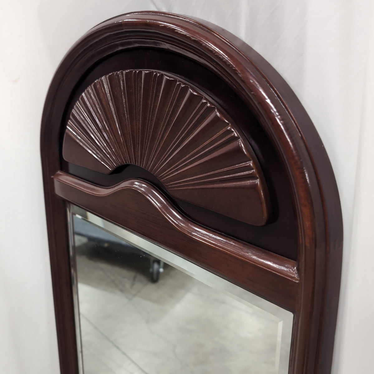 Dark Wood Arched Full-Length Mirror with Fan Carving