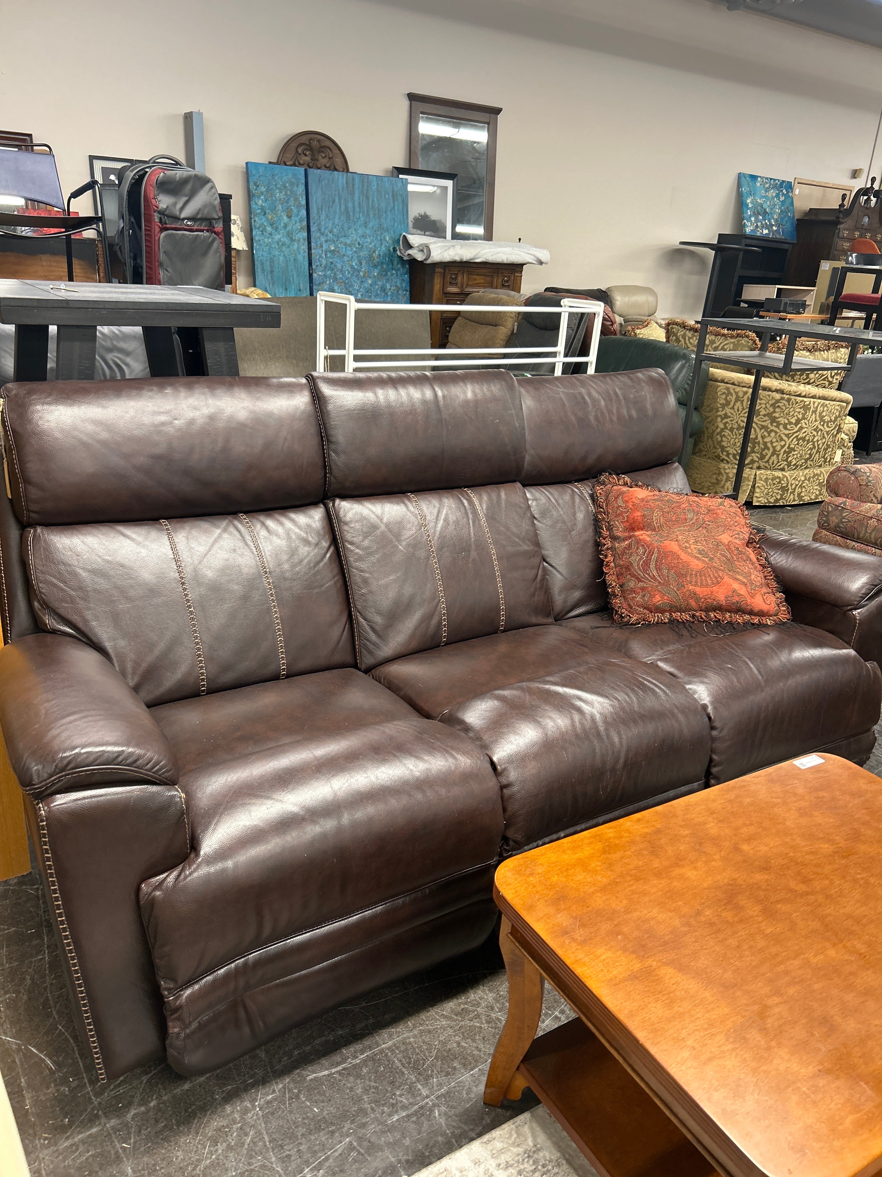 Brown Leather Reclining Sofa with USB Charging Ports