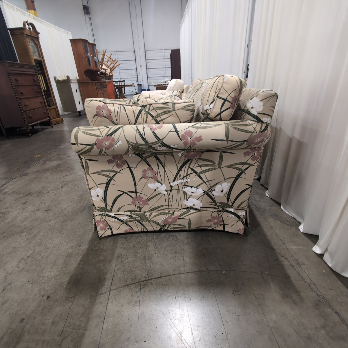 Ethan Allen Beige Floral Upholstered Rolled Arm Couch