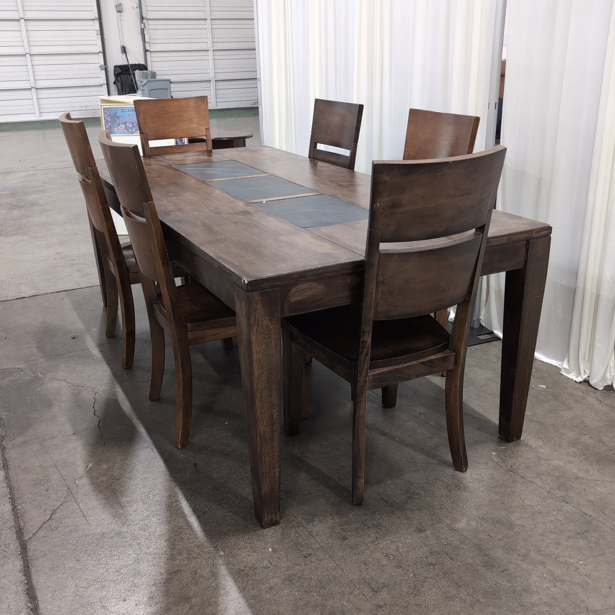Dark Wood Rectangular Dining Table with Stone Inserts