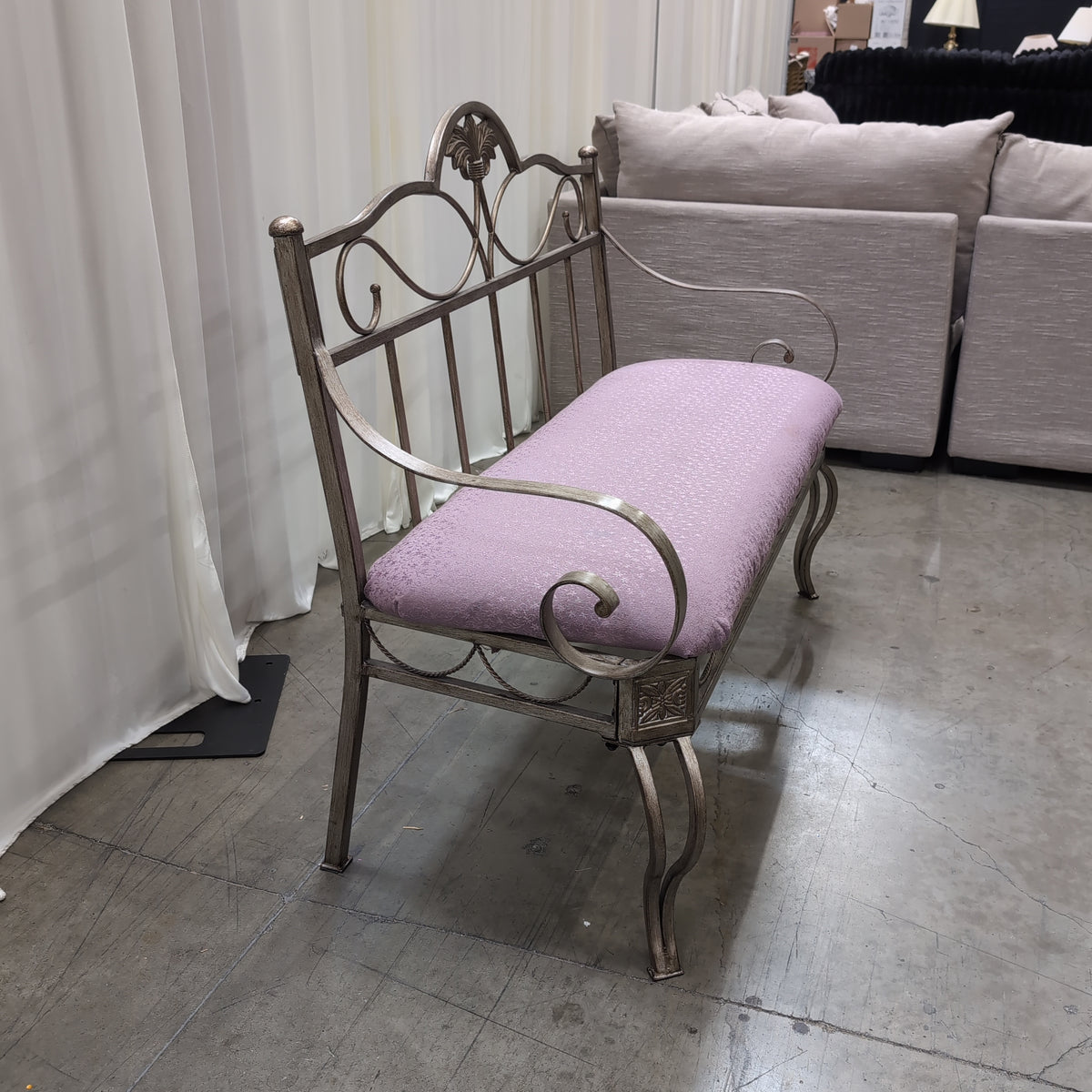 Ornate Champagne Metal Bench with Purple Upholstery