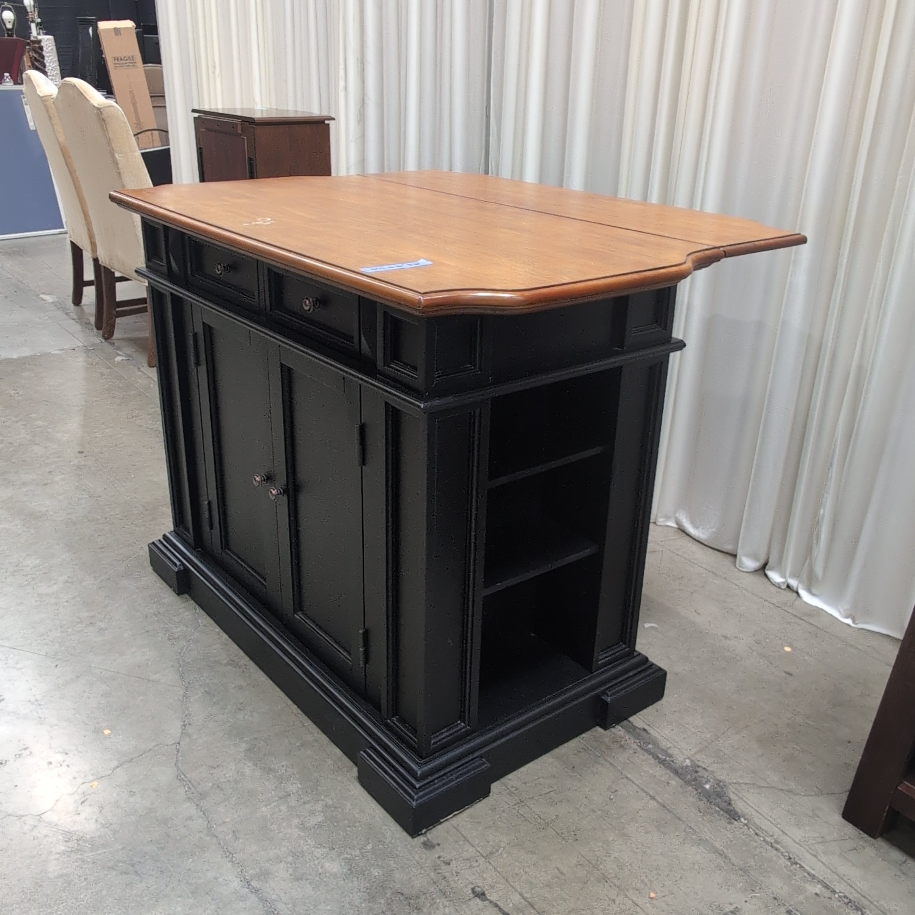 Black and Wood Kitchen Island with Drop-Leaf Top