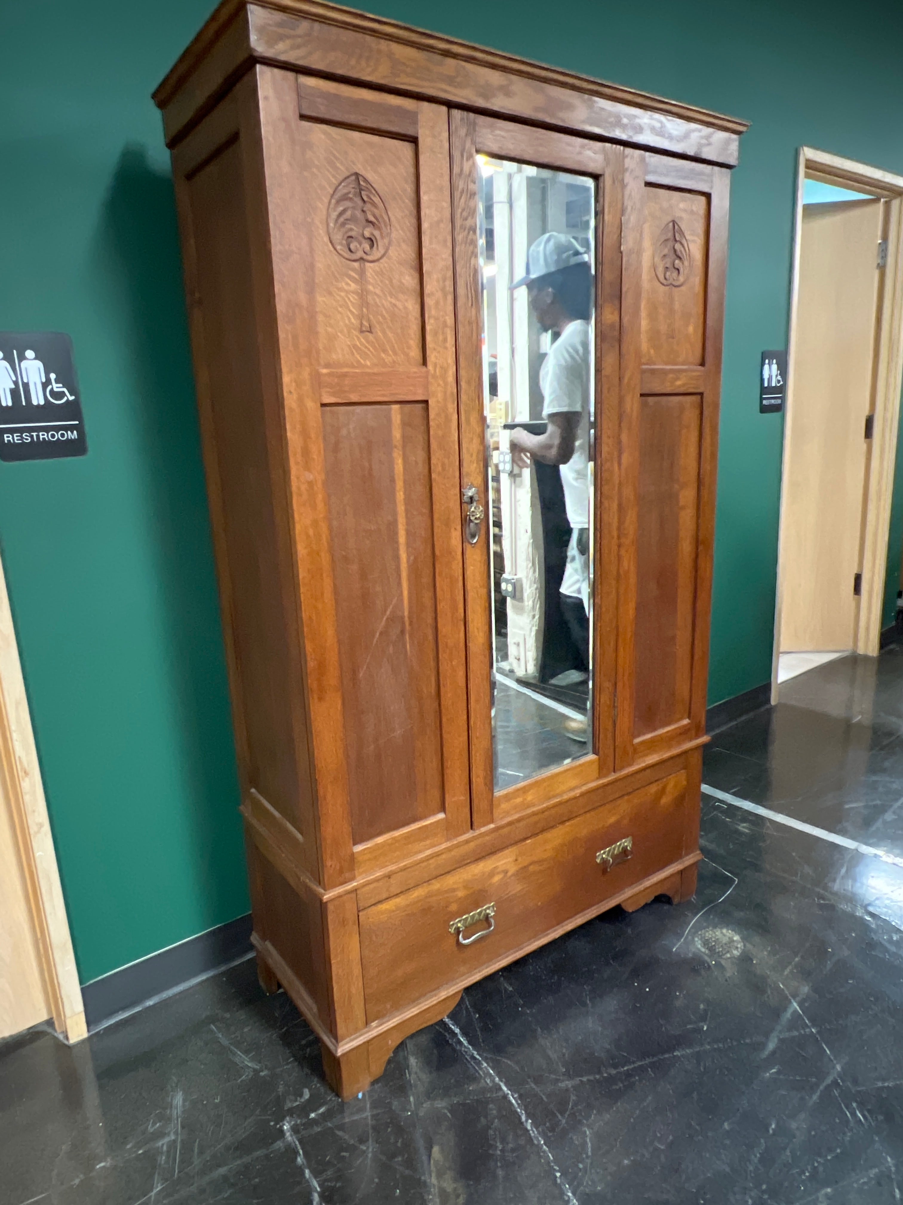 Antique Oak Armoire with Mirror & Carved Details