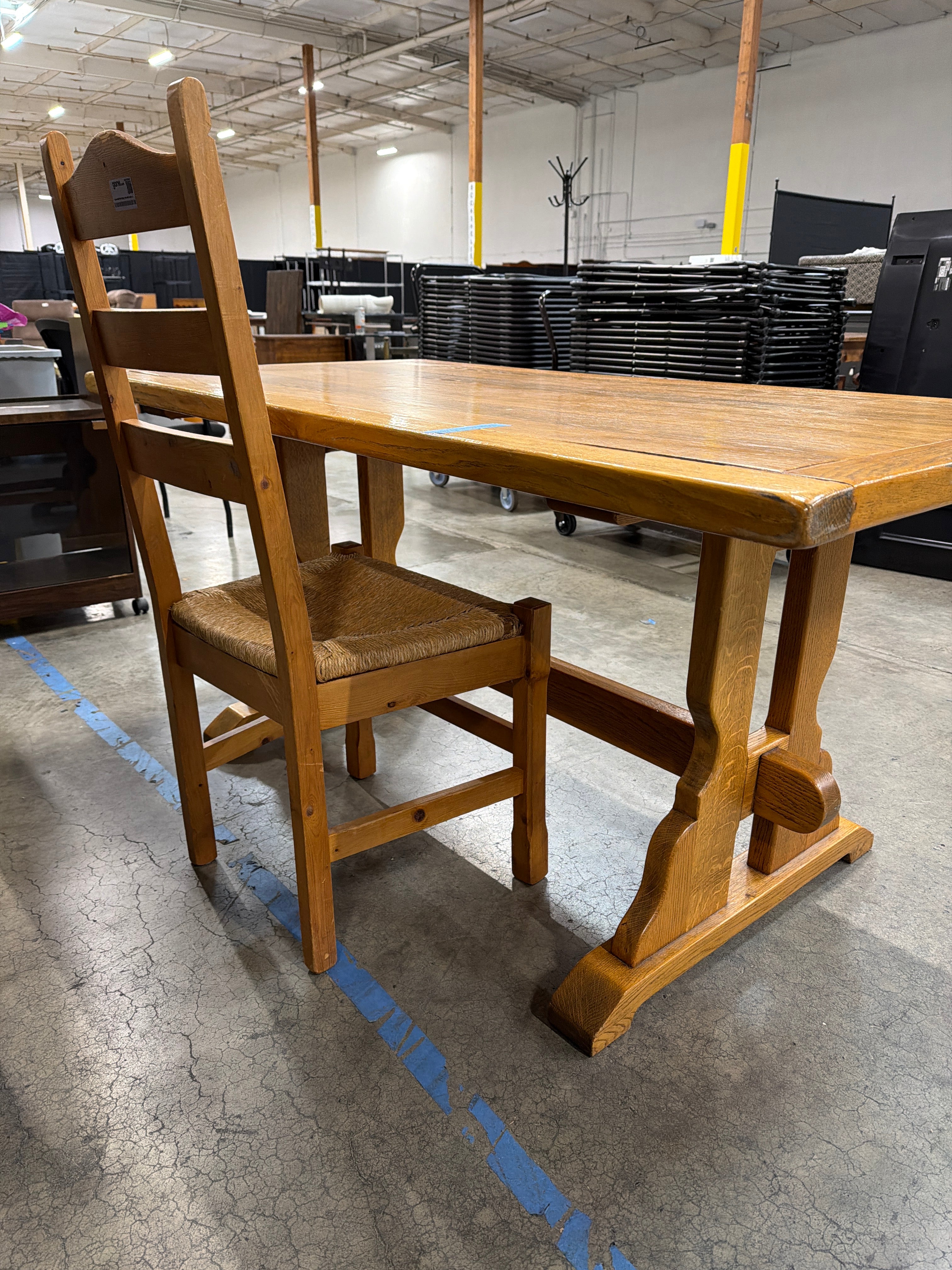 Rustic Solid Wood Dining Table with Ladder Back Rush Seat Chair