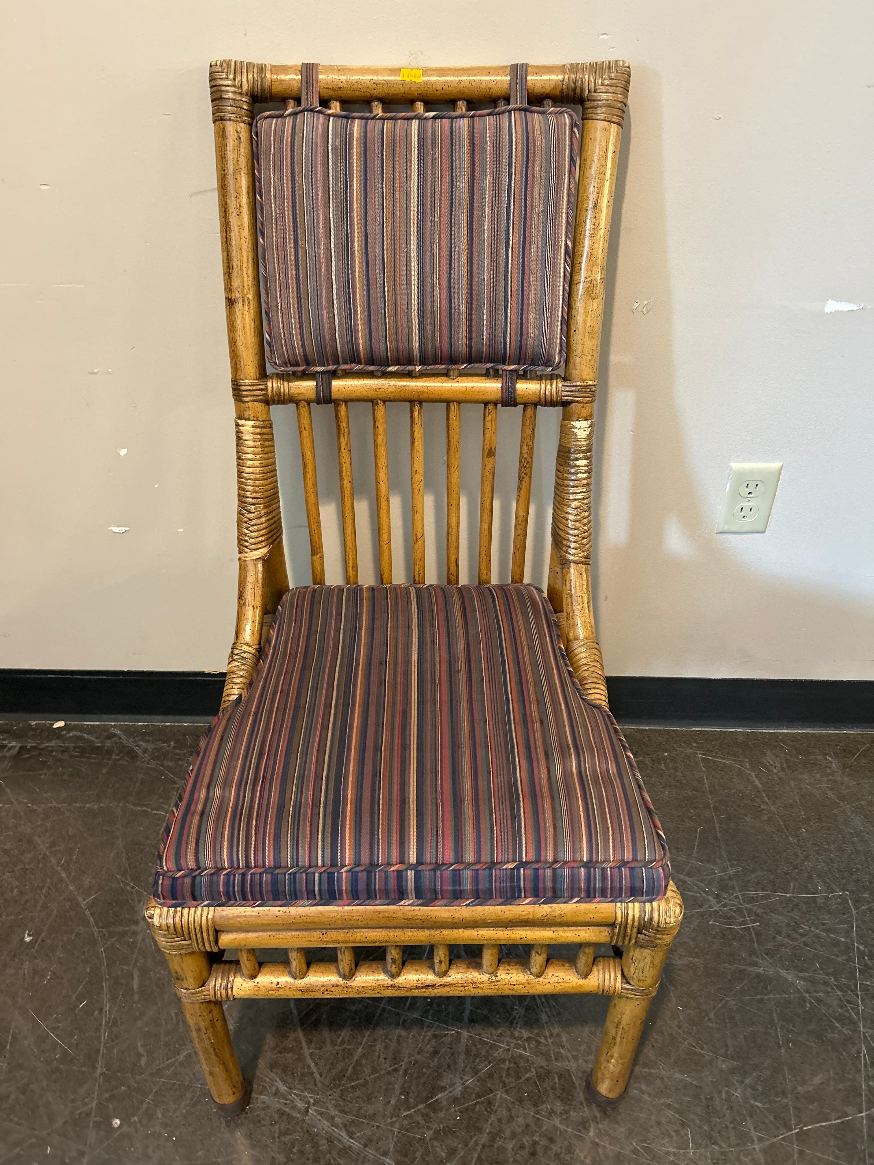 Henredon Bamboo Rattan Dining Chair Set – Striped Cushion, Armless