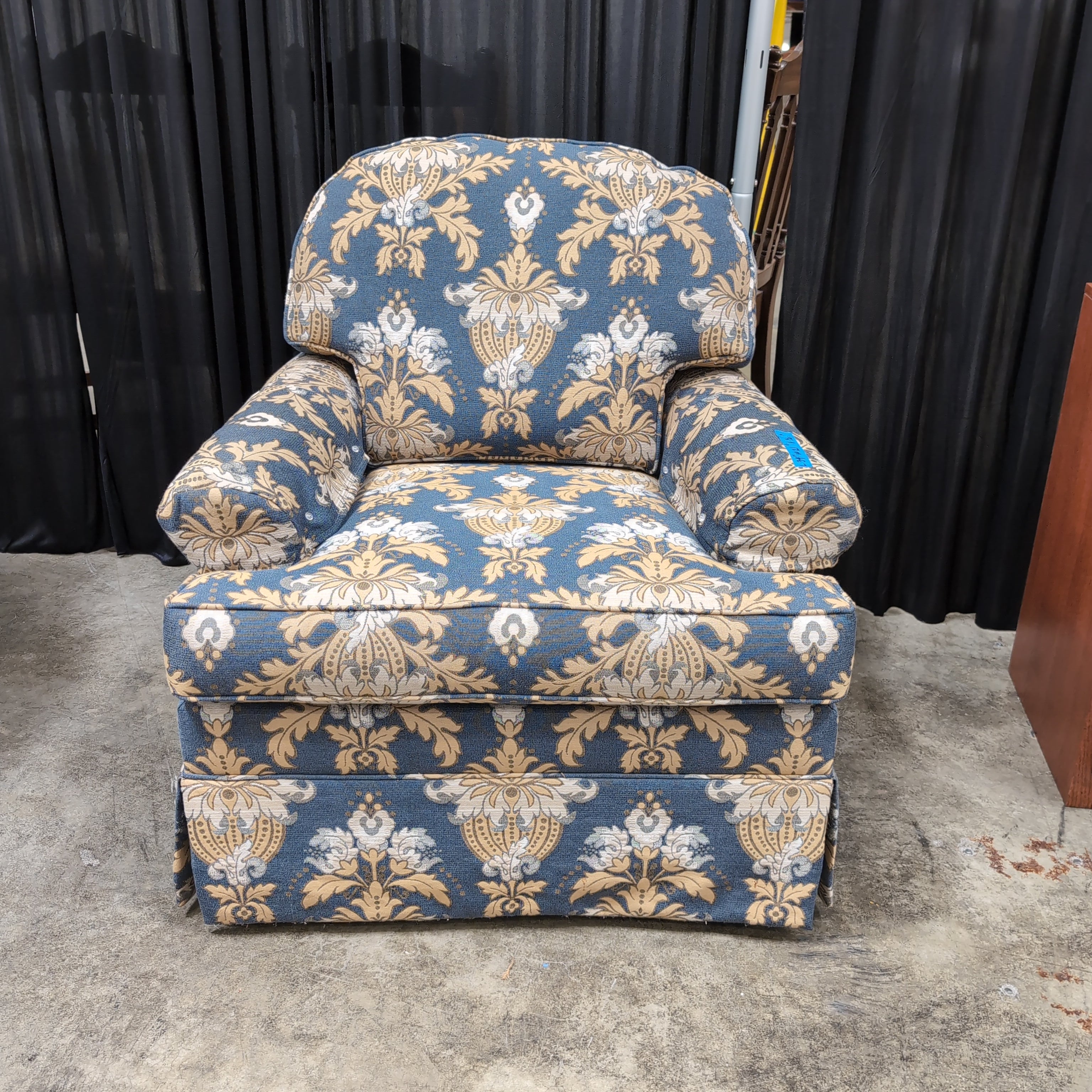 Traditional Damask Patterned Armchair in Navy and Gold