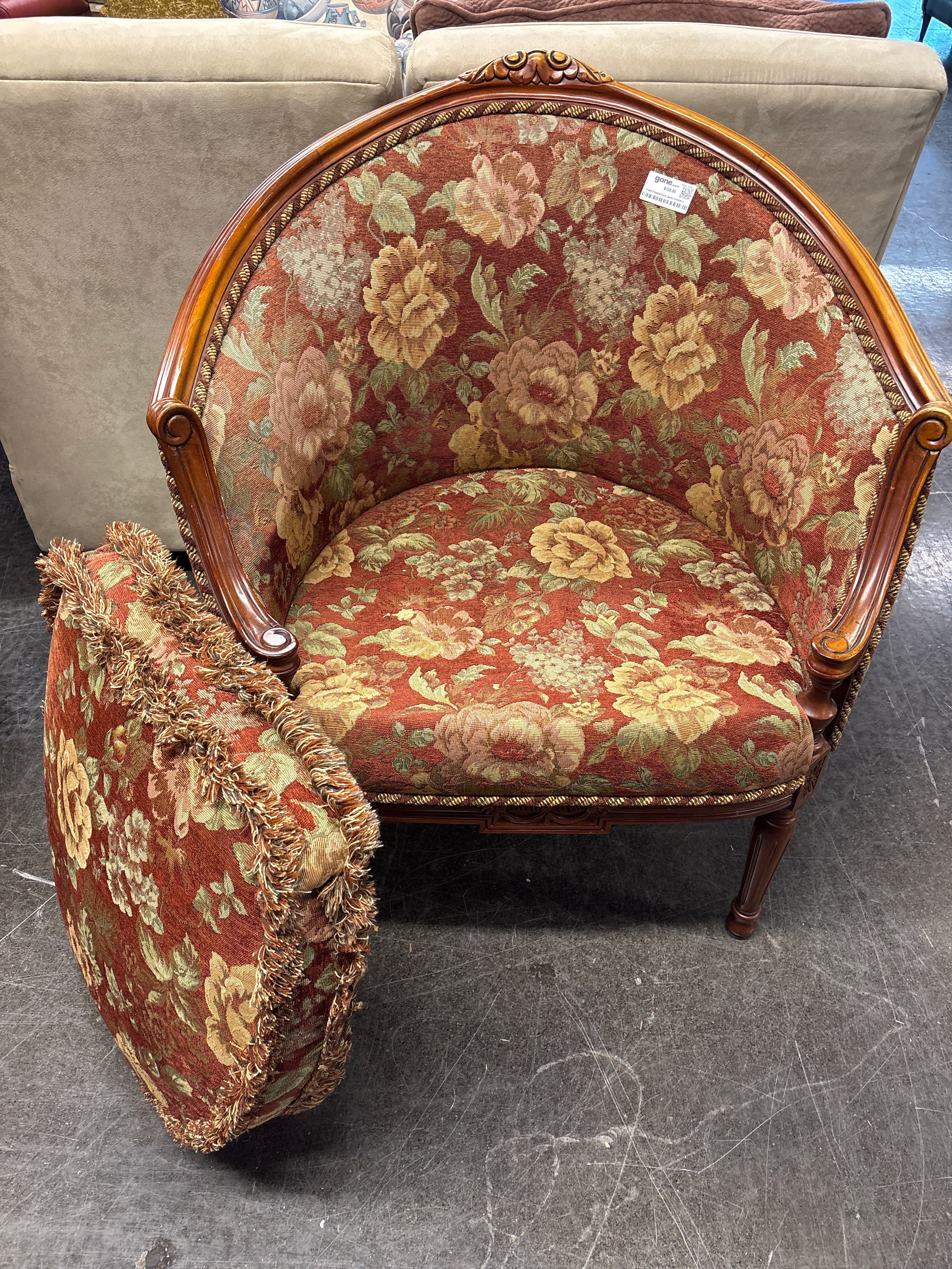French Provincial Floral Tapestry Armchair with Fringe