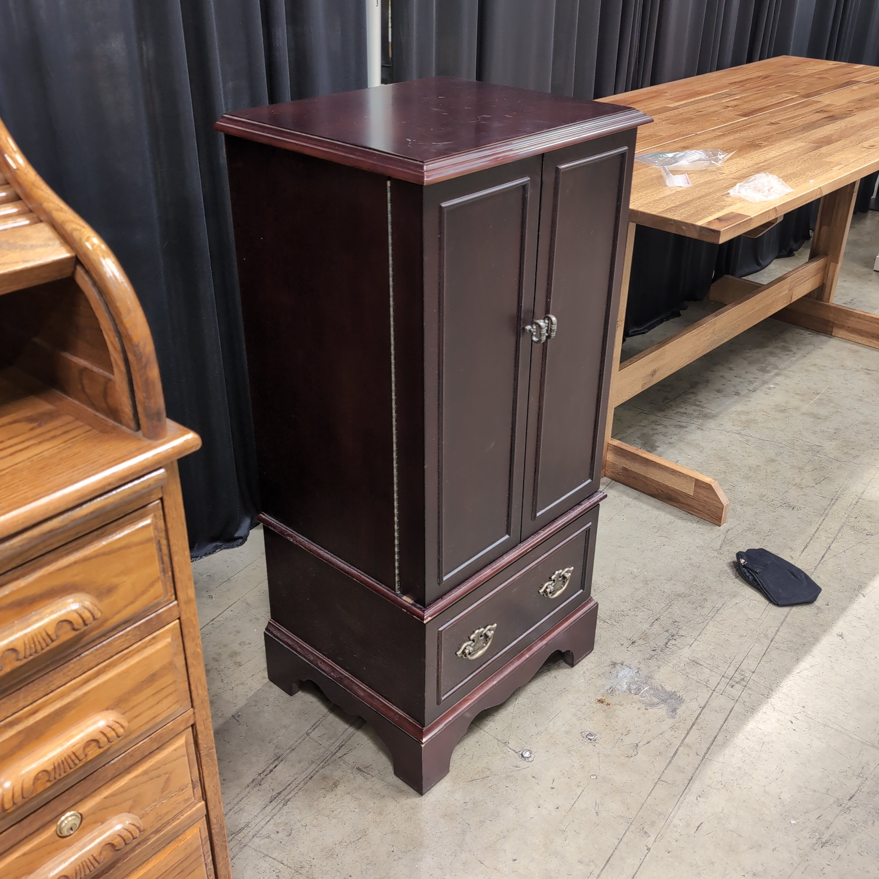 Dark Cherry Finish Wood Jewelry Armoire with Ornate Hardware