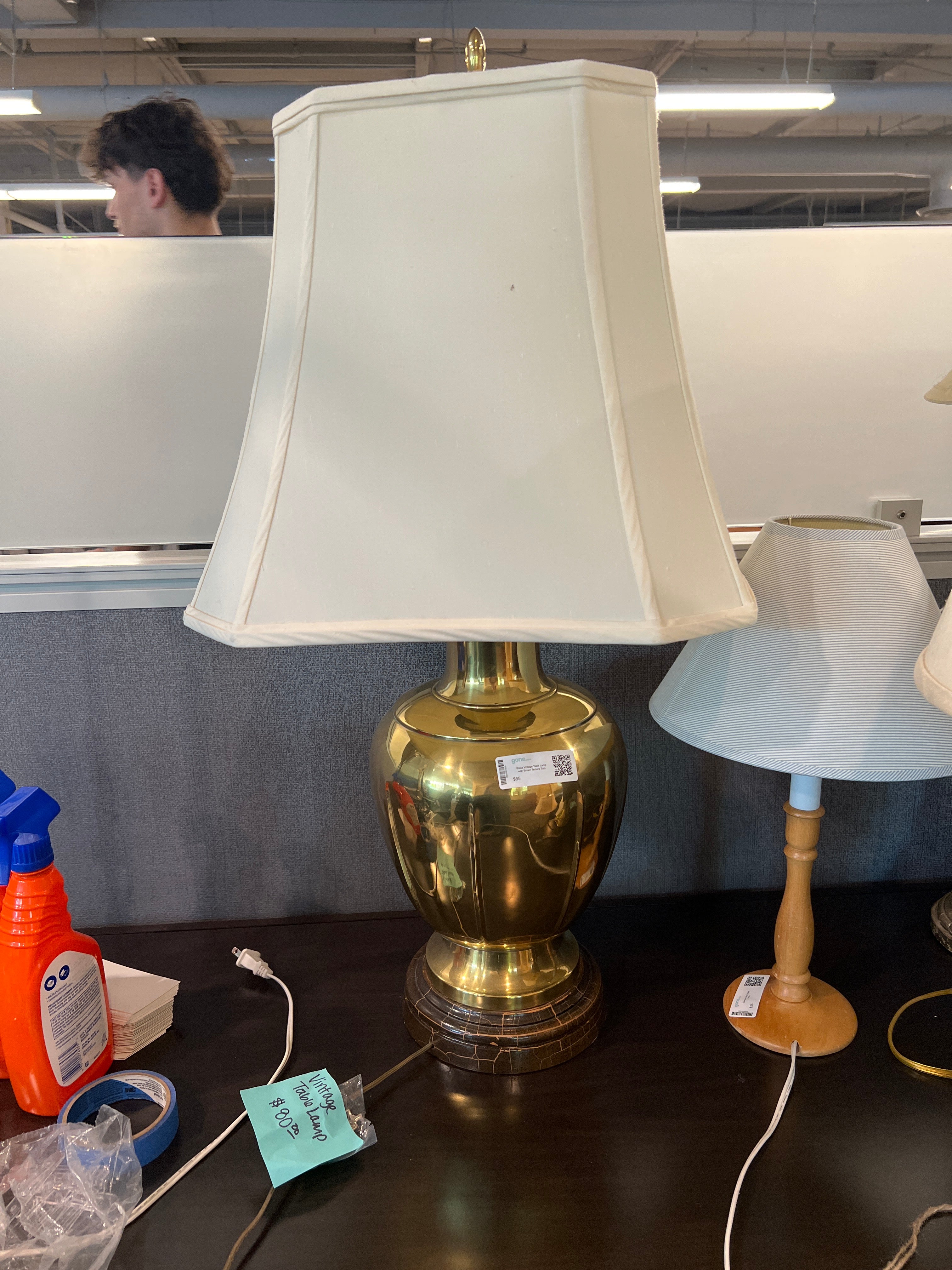 Brass Vintage Table Lamp with Brown Texture Trim