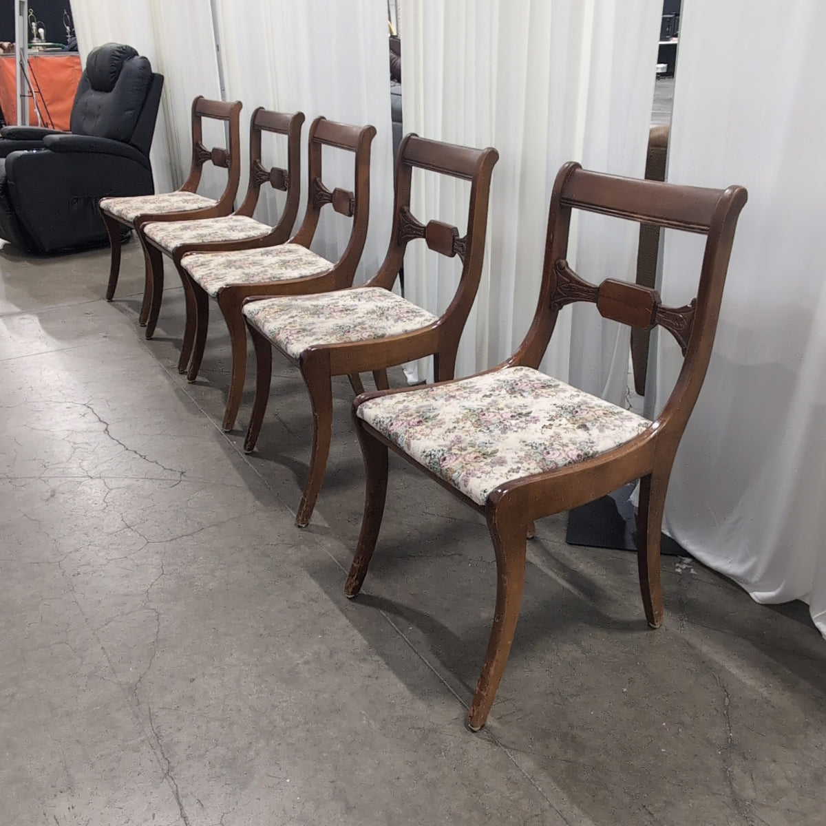 Set of Five Drexel Traditional Dark Wood Dining Chair with Floral Seat