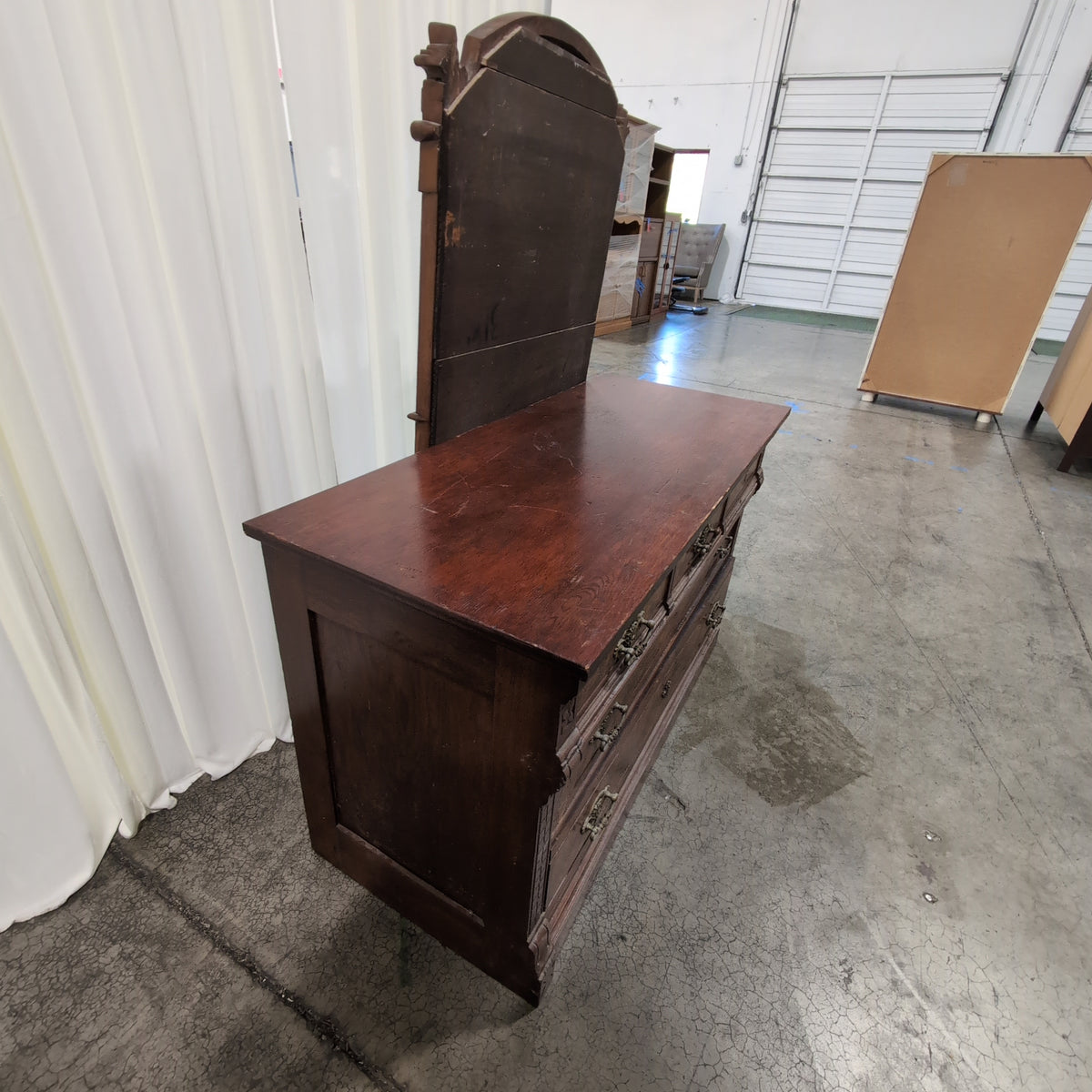 Antique Dark Wood Burl Veneer Dresser with Ornate Hardware