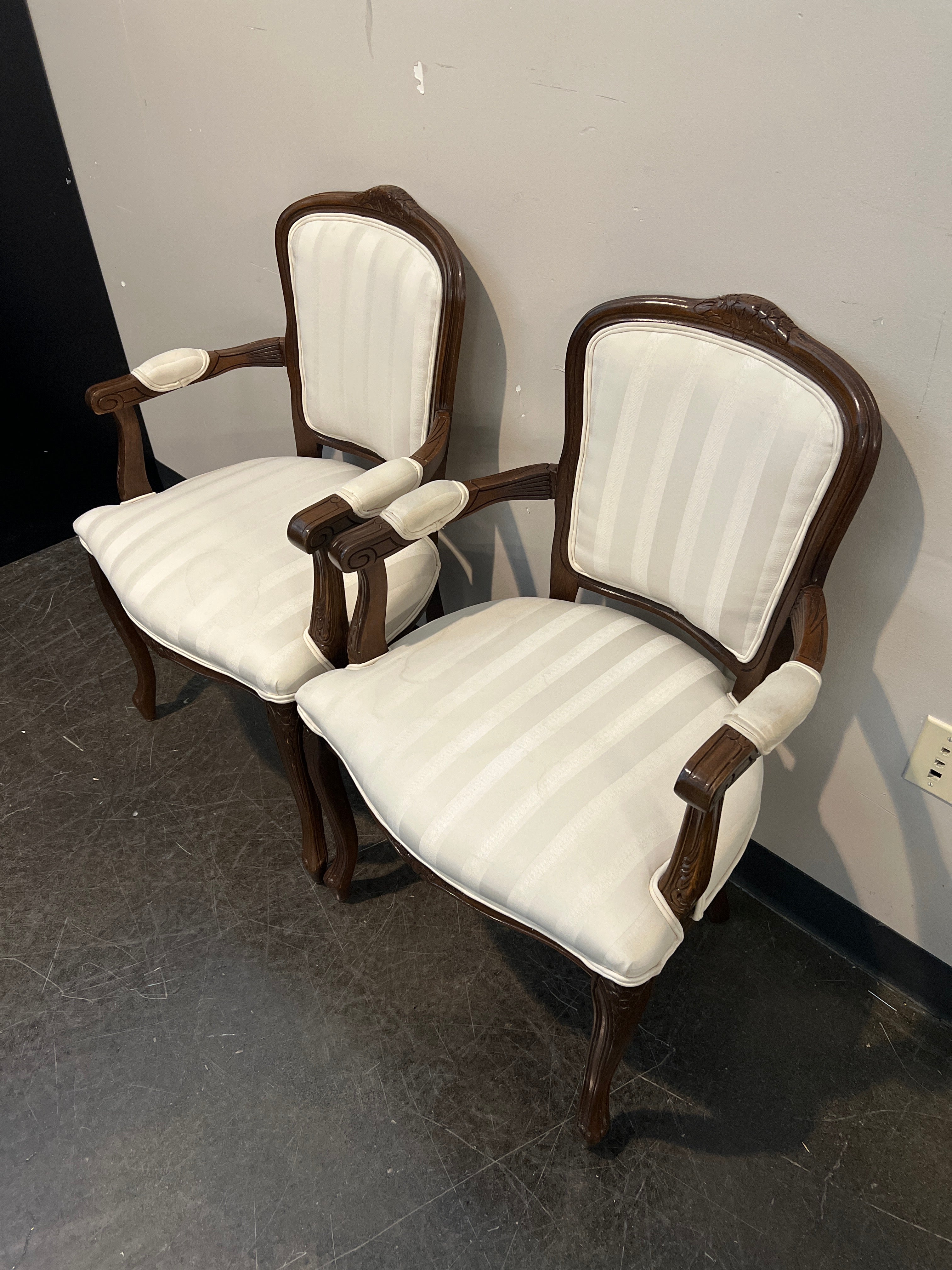 Brown Wooden Armchairs with Striped Upholstery