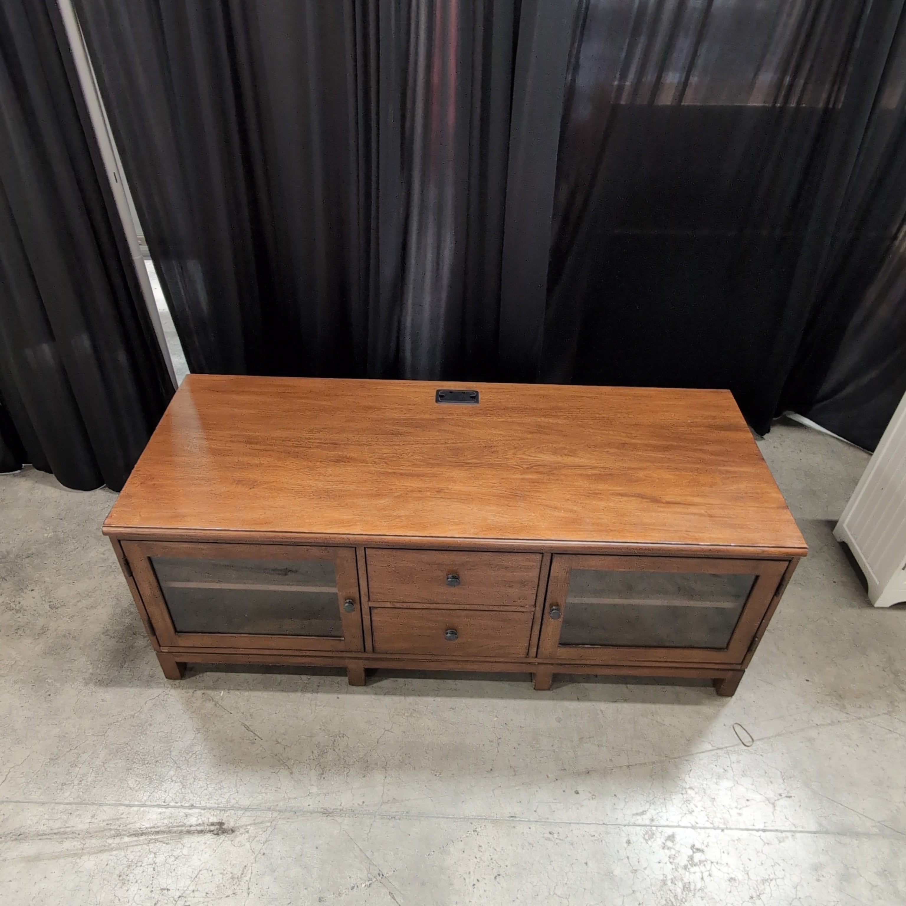 Medium Brown Hardwood TV Stand with Glass Doors