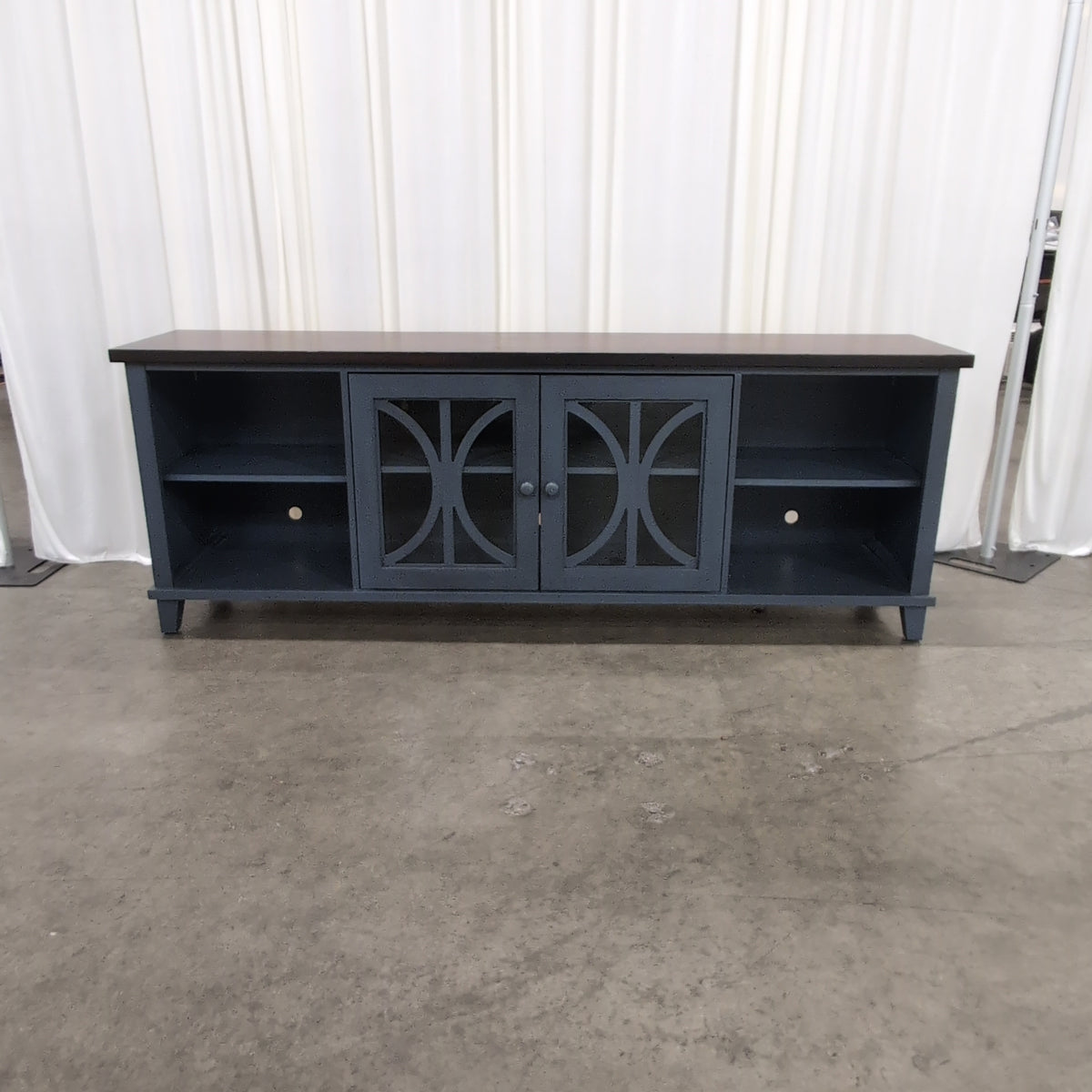 Dark Wood and Gray TV Stand with Decorative Glass Doors