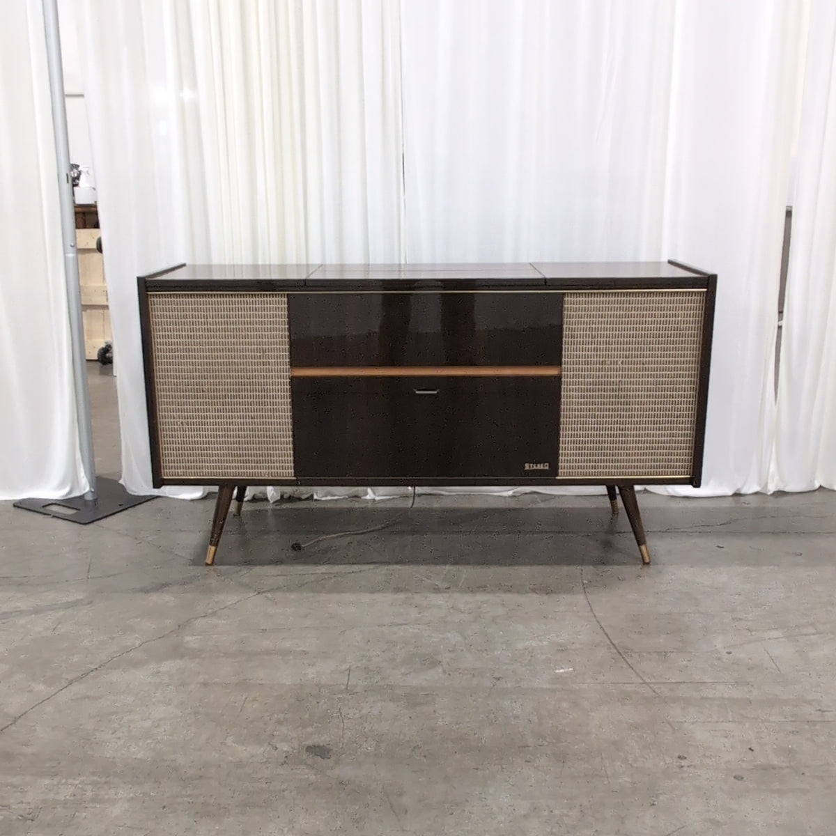 Mid-Century Dark Wood Stereo Console with Woven Grilles