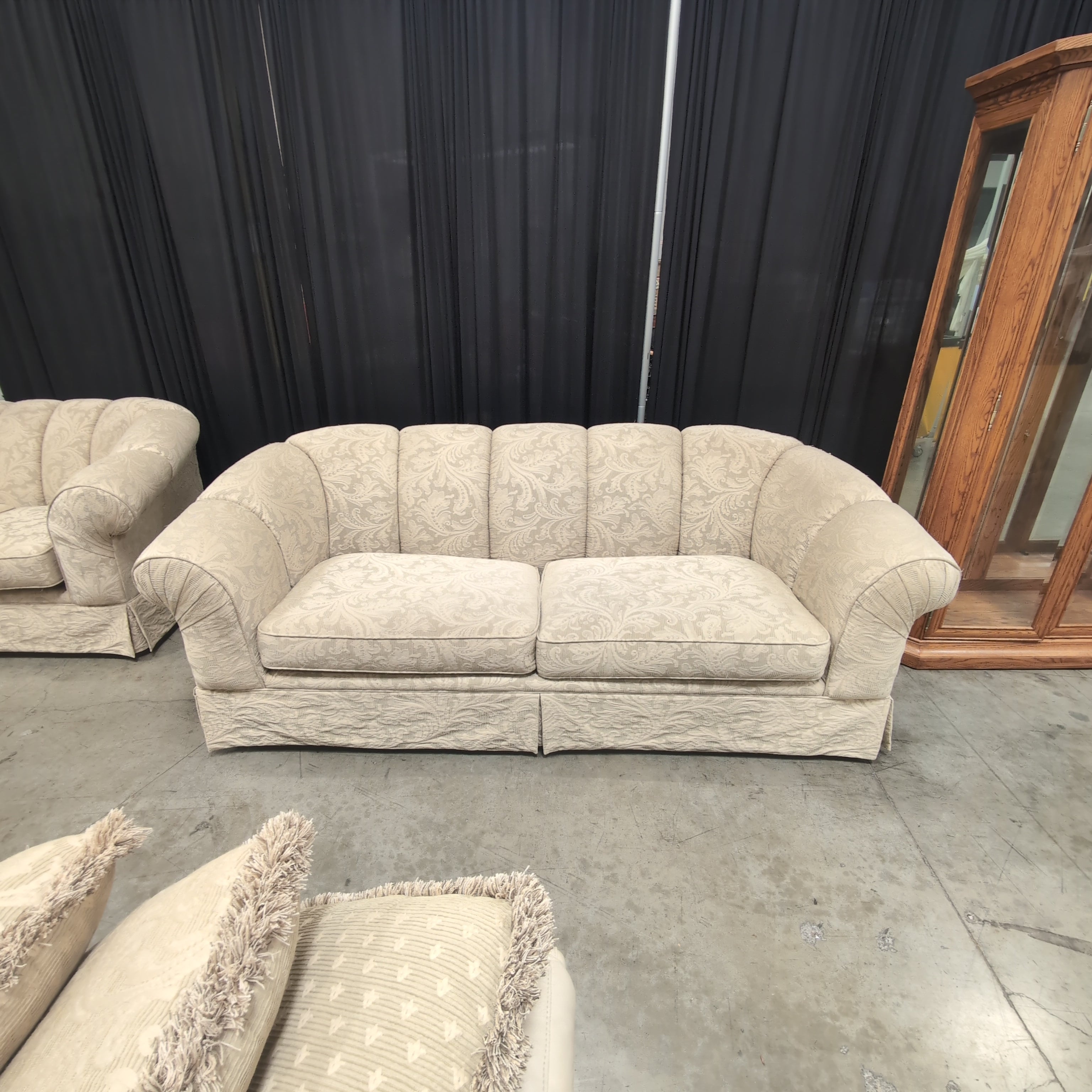 Traditional Beige Patterned Couch with Rolled Arms