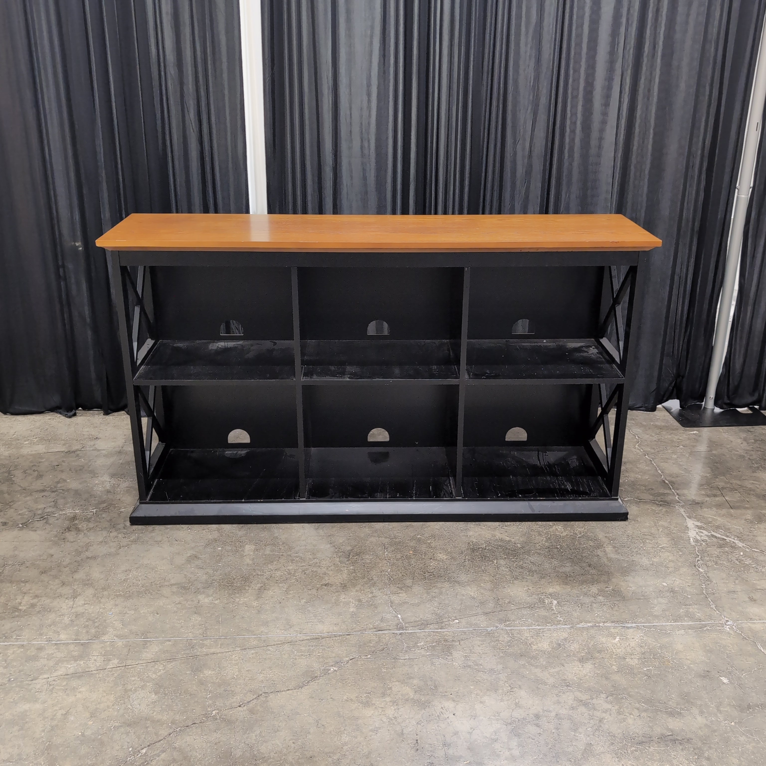 Two-Tone Wood and Black TV Stand with Geometric Shelving