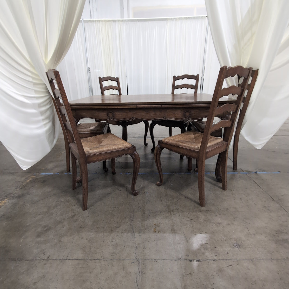 French Provincial Style Wood Dining Table with Six Chairs