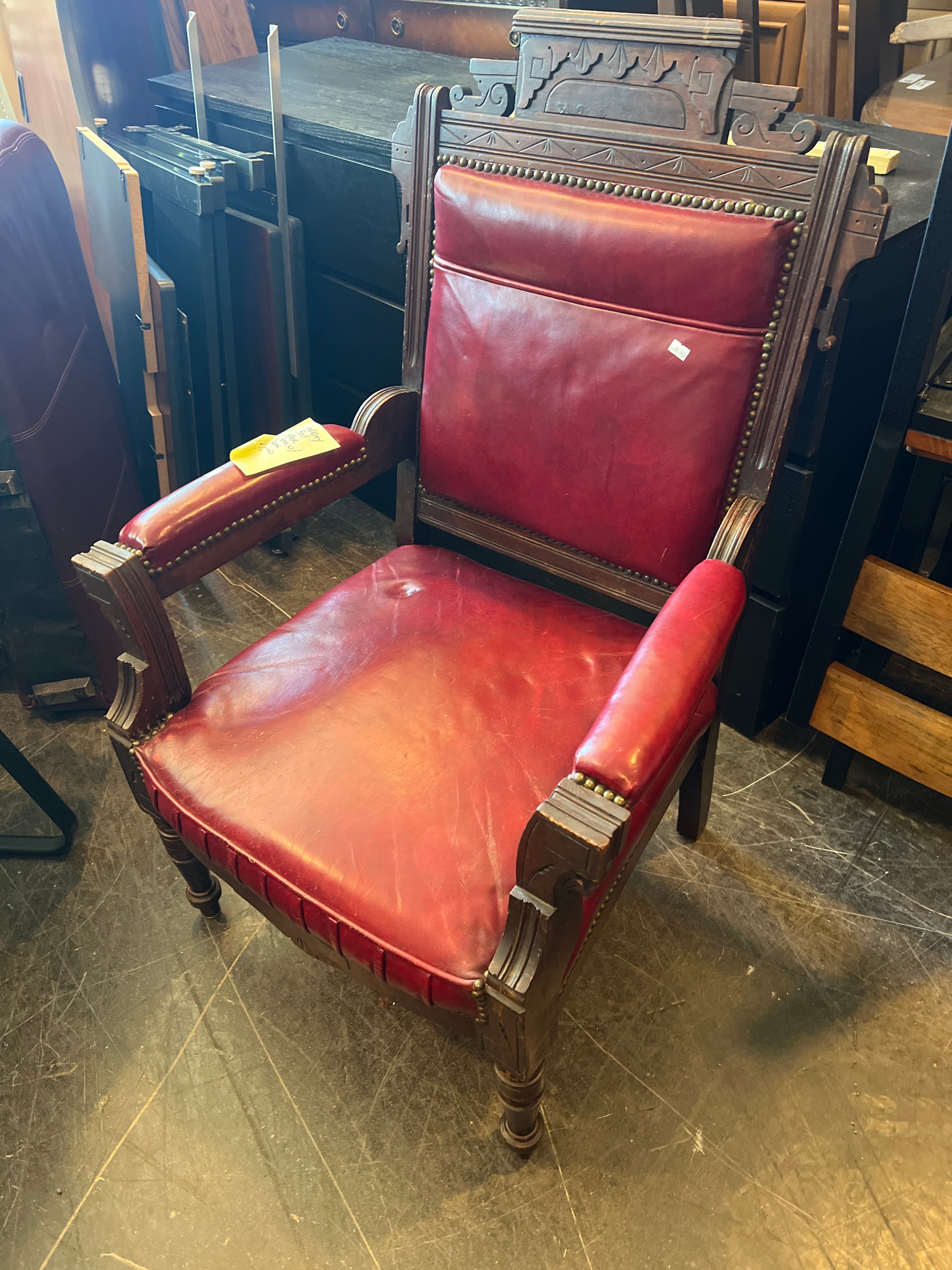 Antique Wood and Red Leather Accent Chair