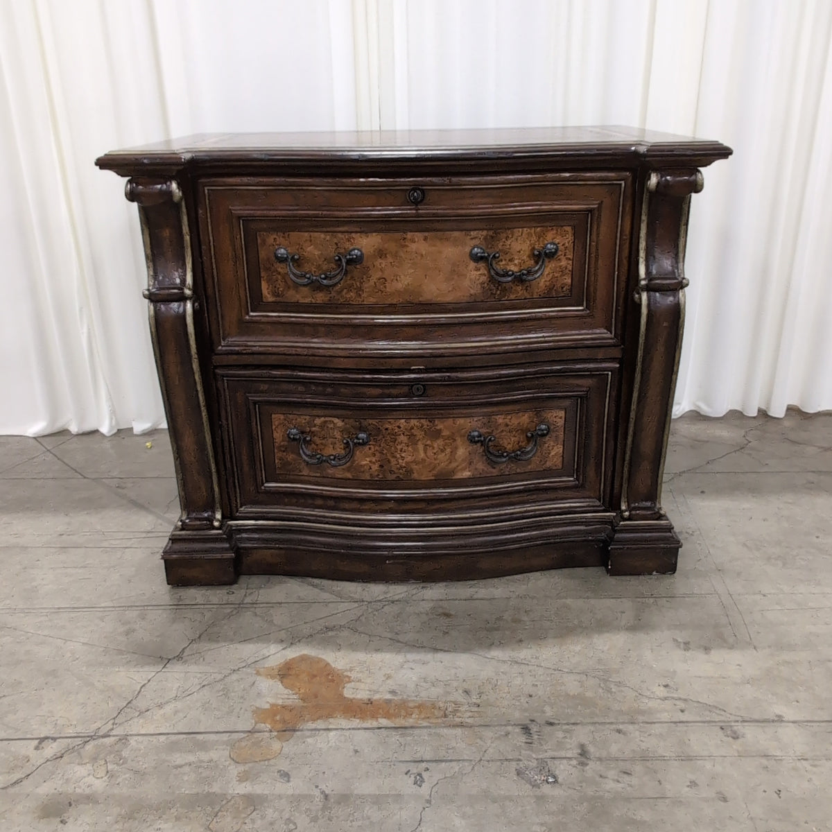 Dark Wood Two-Drawer Nightstand with Burl Inlay