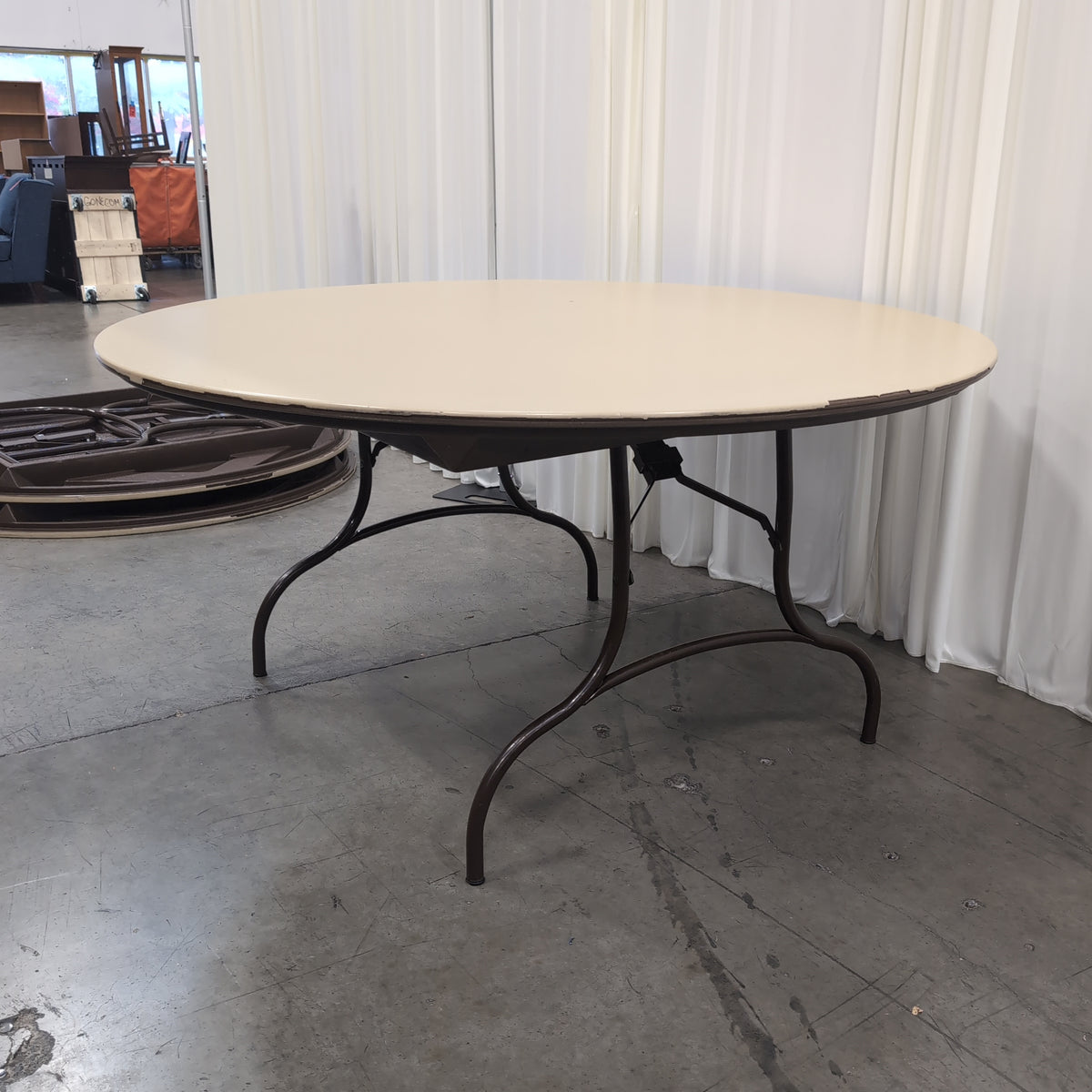 Beige Round Folding Table with Metal Legs