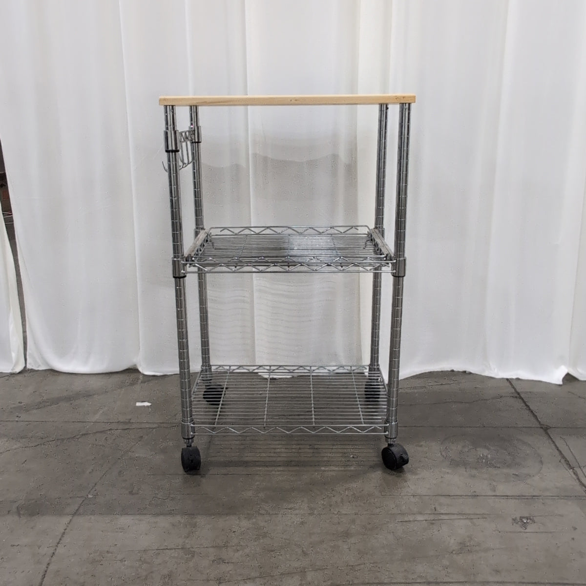 Silver Chrome Rolling Three-Tier Cart with Wood Top