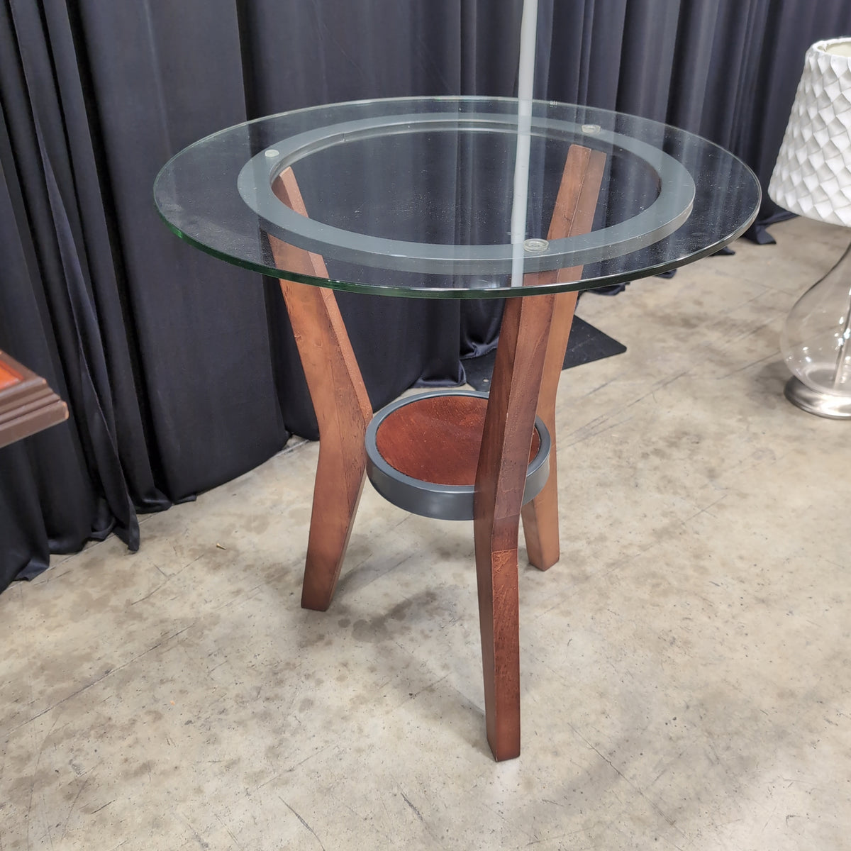Round Glass Top End Table with Wood Base