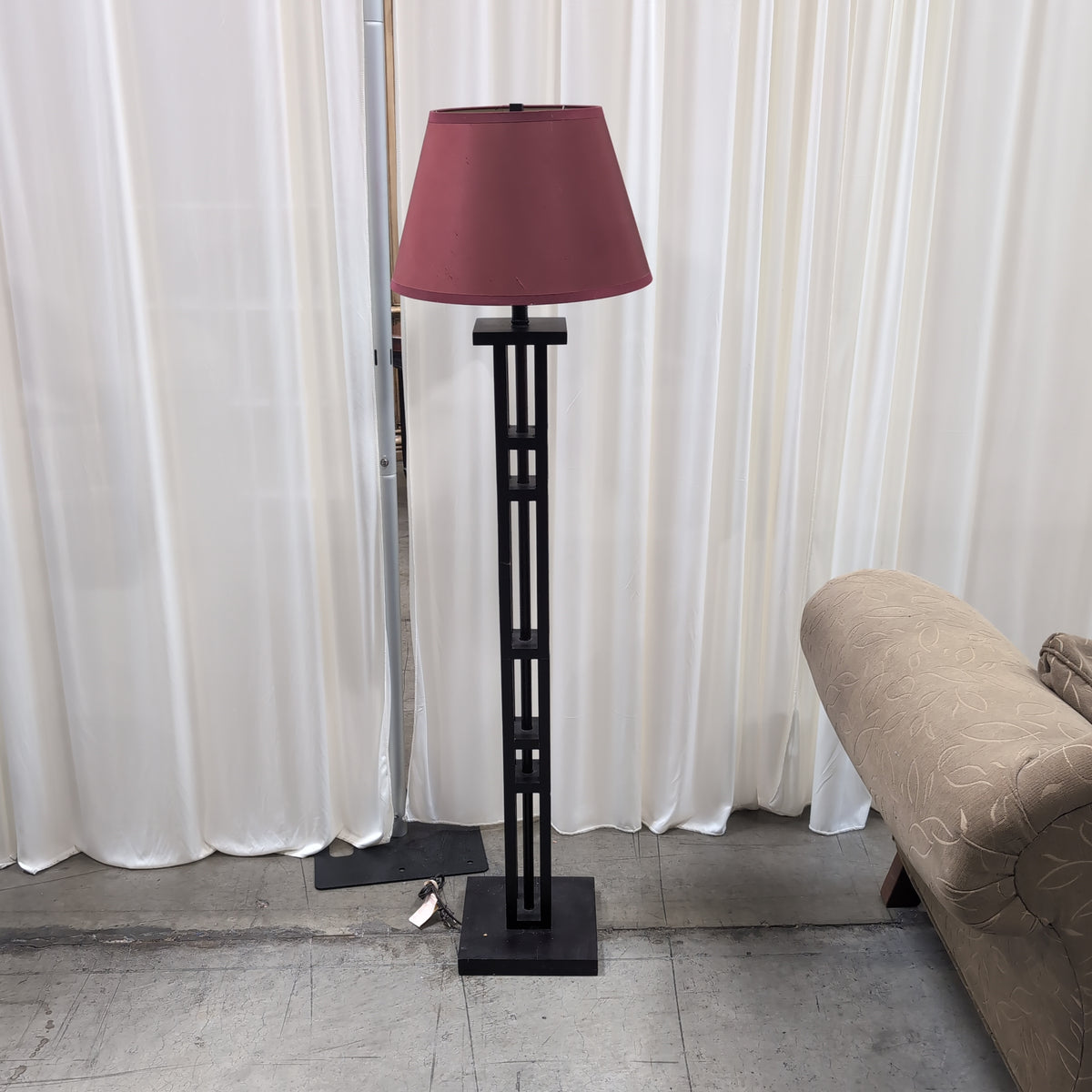Black Geometric Floor Lamp with Maroon Shade
