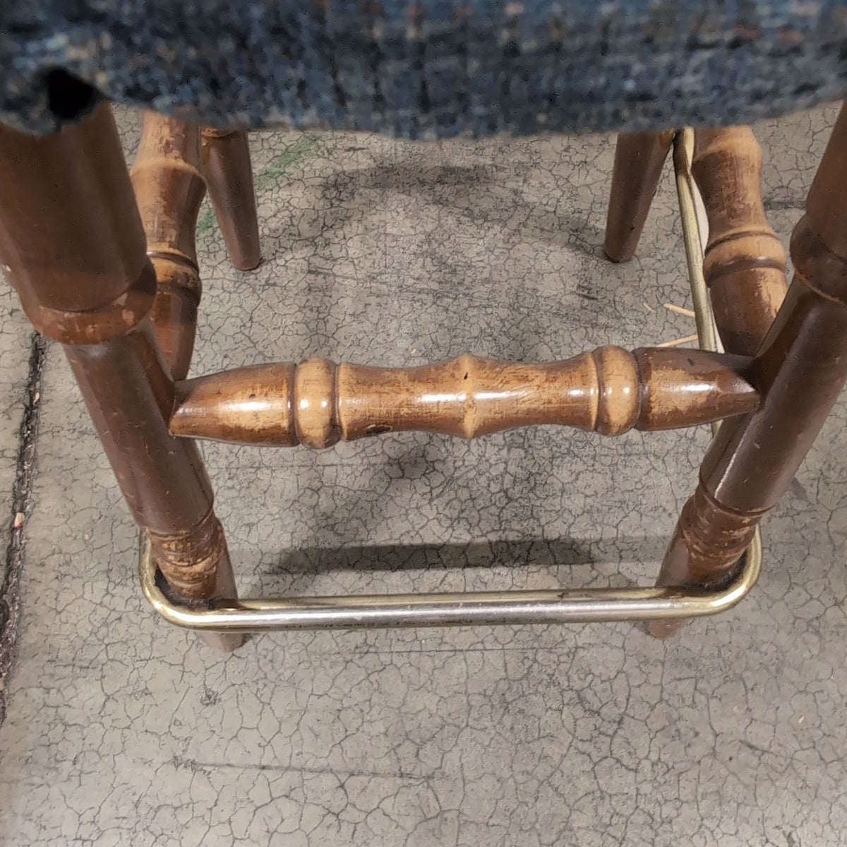 Set of Three Round Blue Upholstered Dark Wood Bar Stool