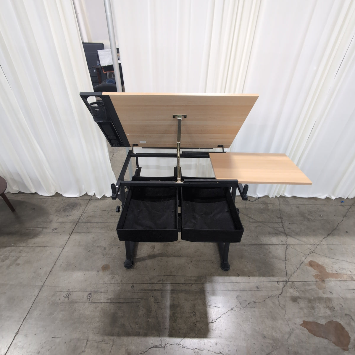 Adjustable Light Wood-Tone Drafting Desk with perforated shelf