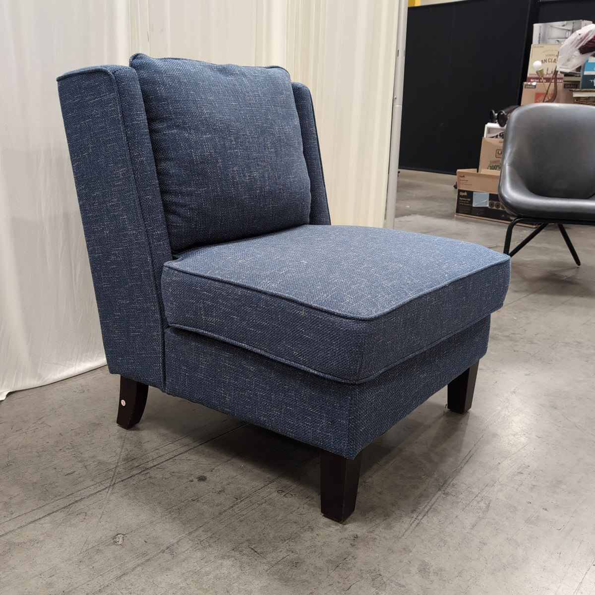 Textured Blue Fabric Armchair with Dark Wood Legs