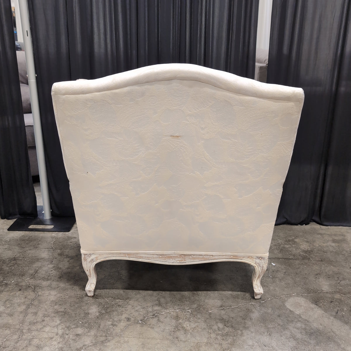 French Provincial Cream Upholstered Armchair with Carved Wood Frame