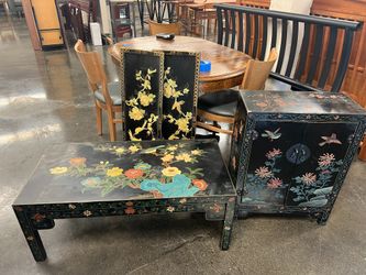 Oriental Black Coffee Table with Raised Metal Bird Details