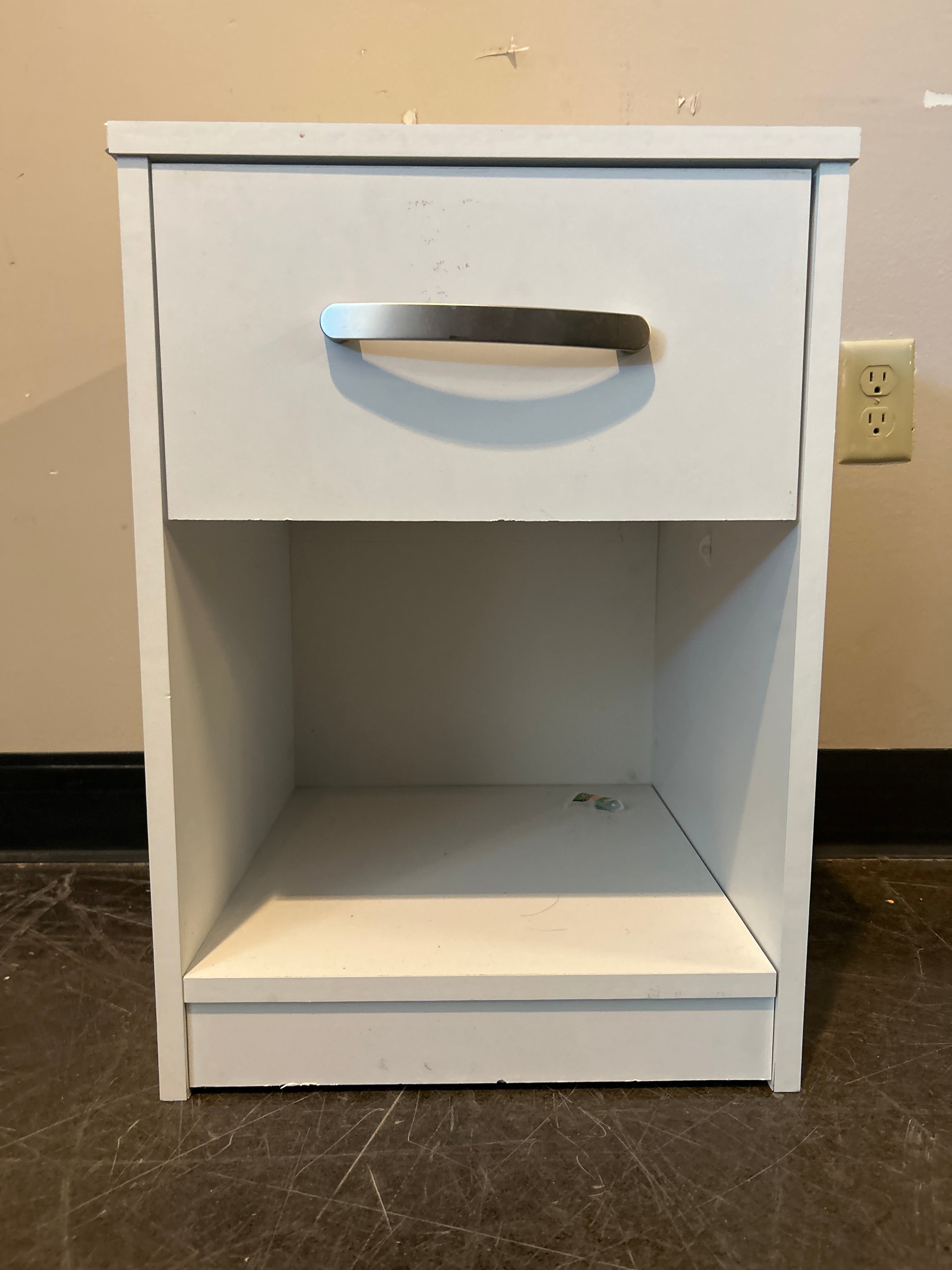 White Laminate Nightstand with Drawer and Shelf