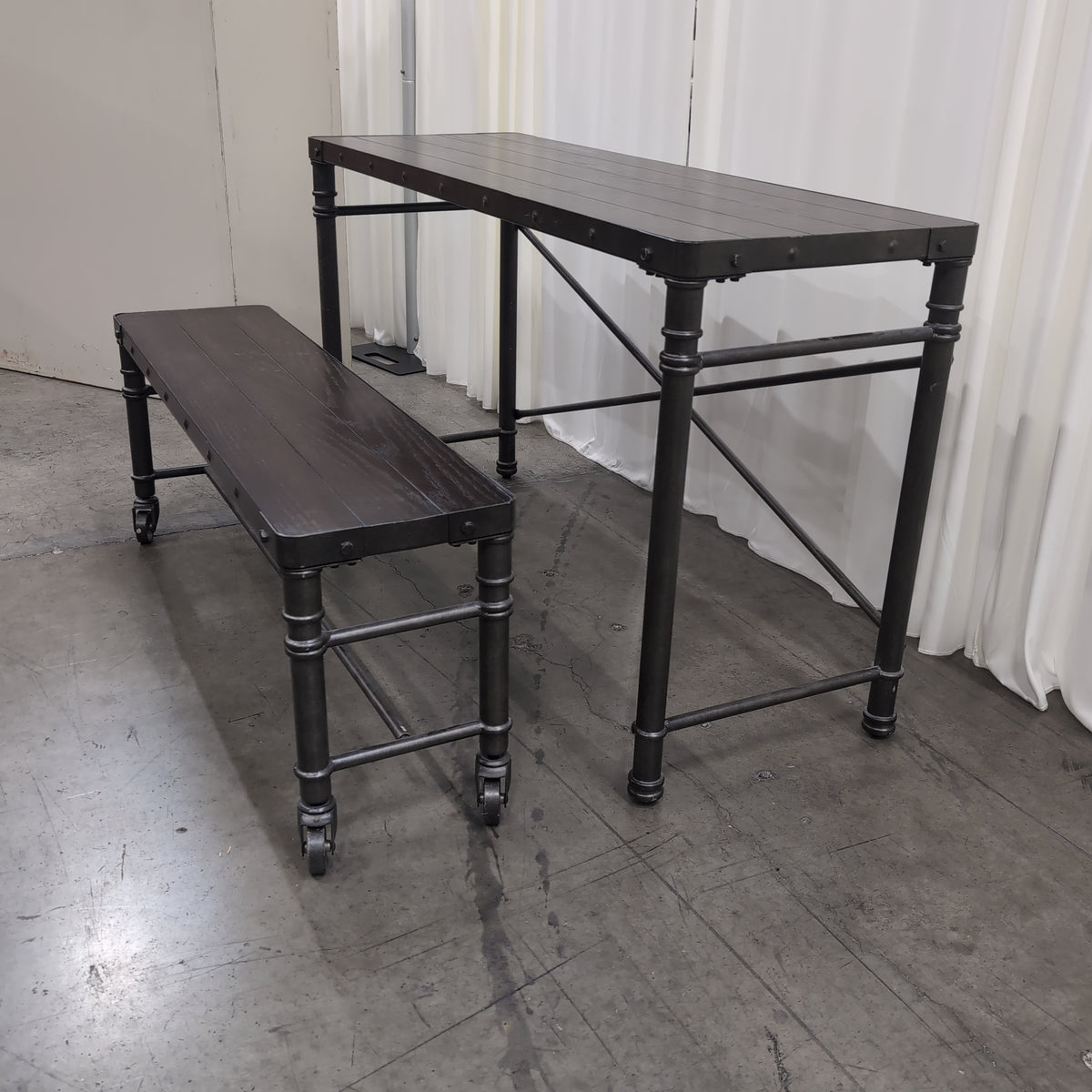 Industrial Dark Wood Console Table with Matching Bench