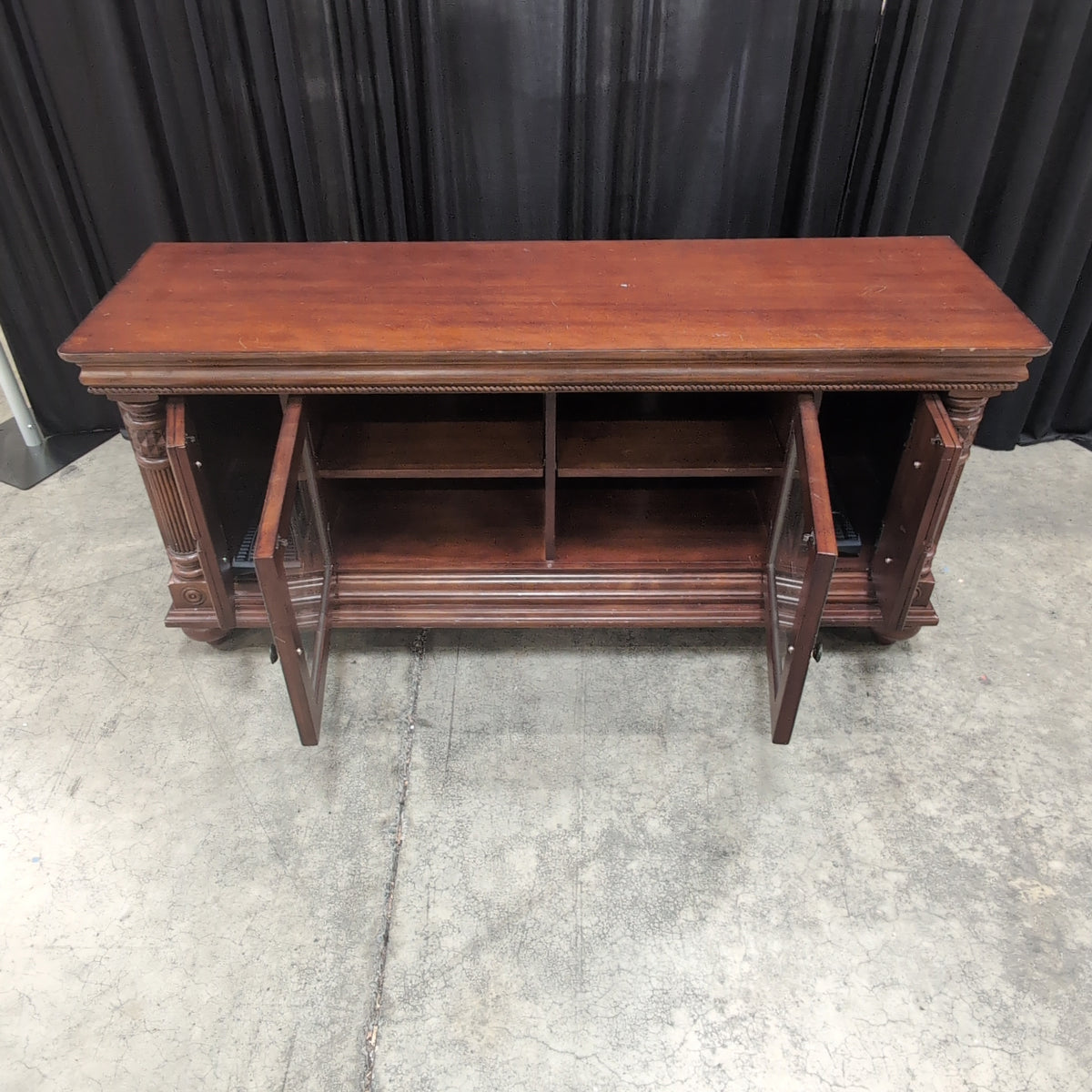 Dark Wood Traditional TV Stand with Glass Doors