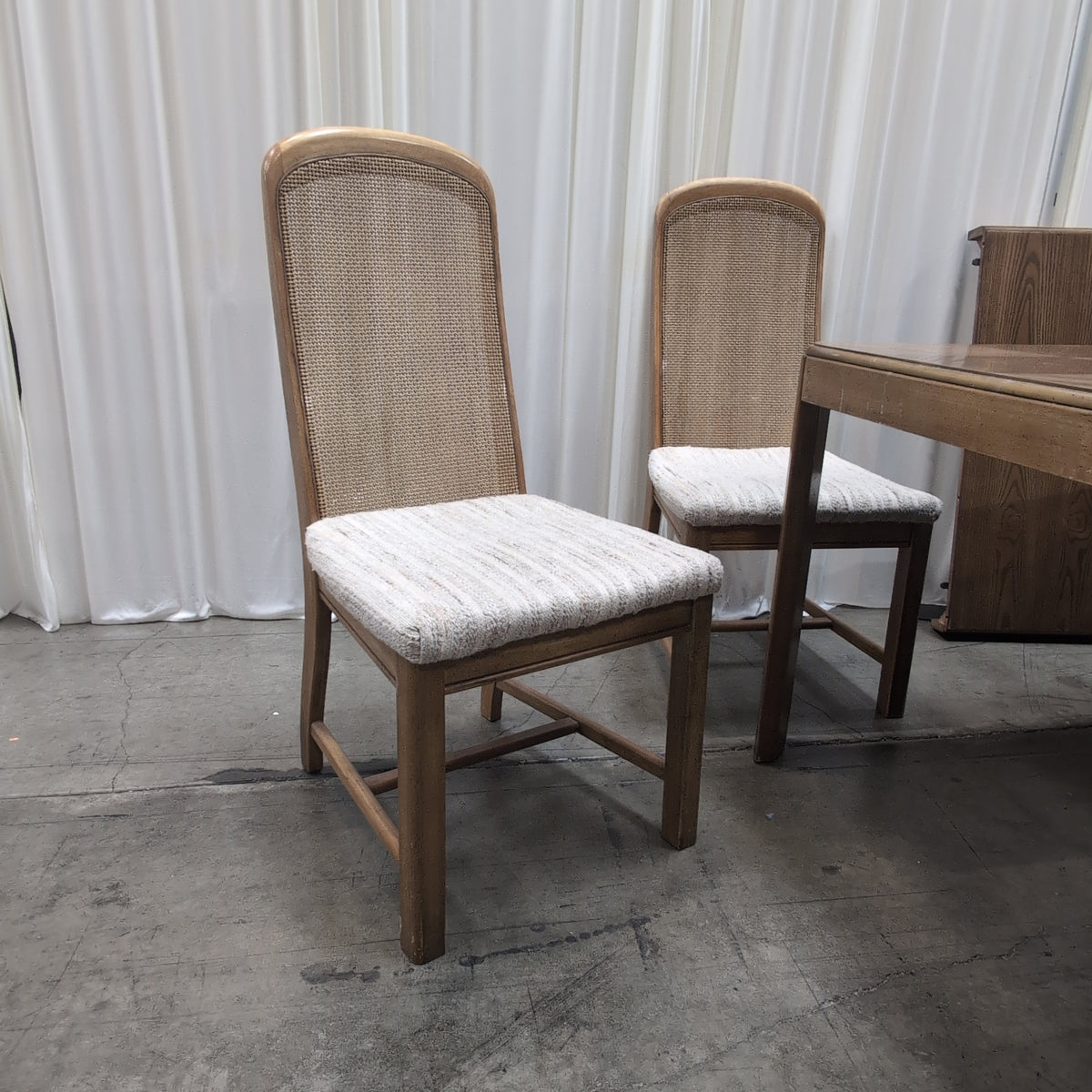 Wood Parquet Top Dining Table with Cane Back Chairs