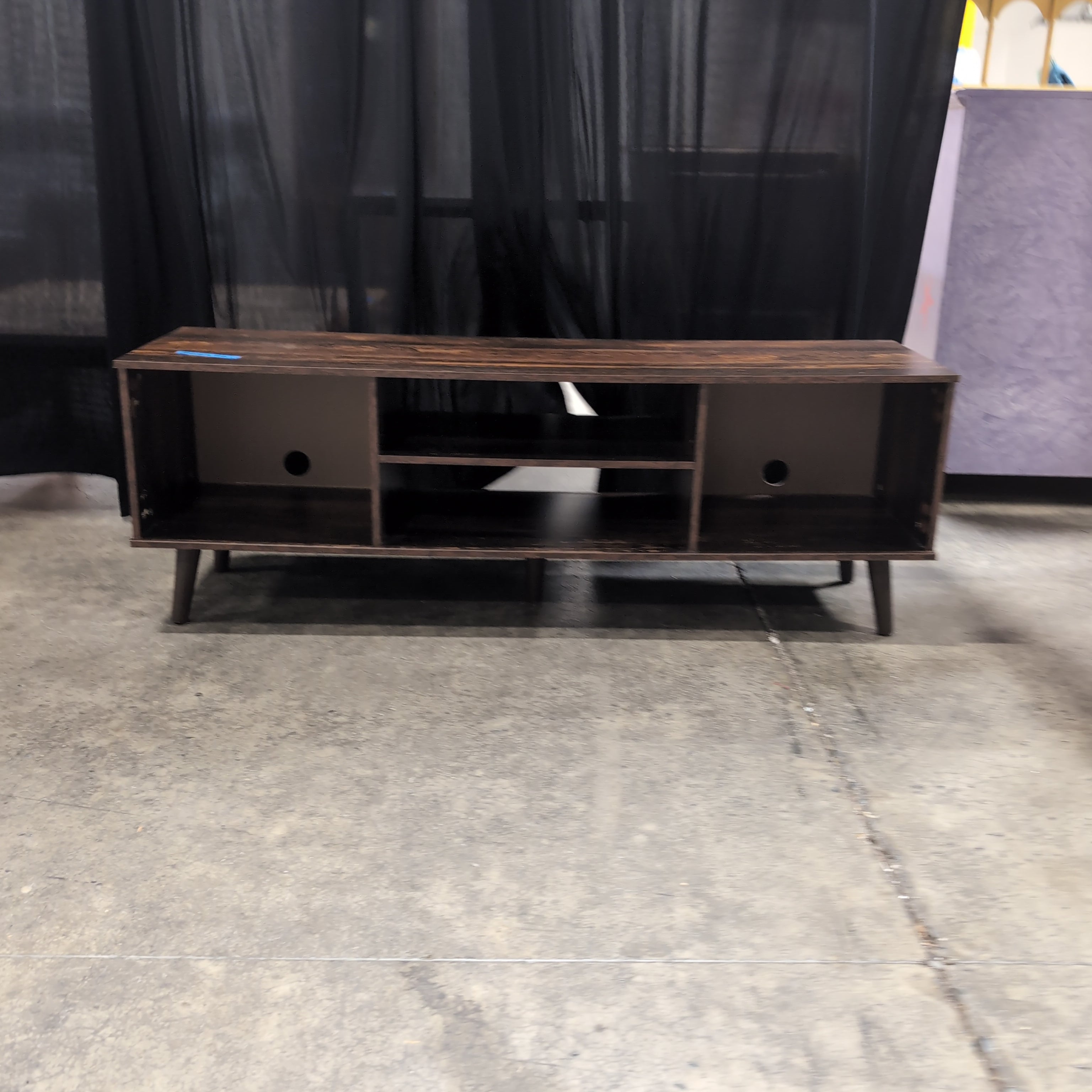 Distressed Dark Wood Multi-Shelf TV Stand with Tapered Legs