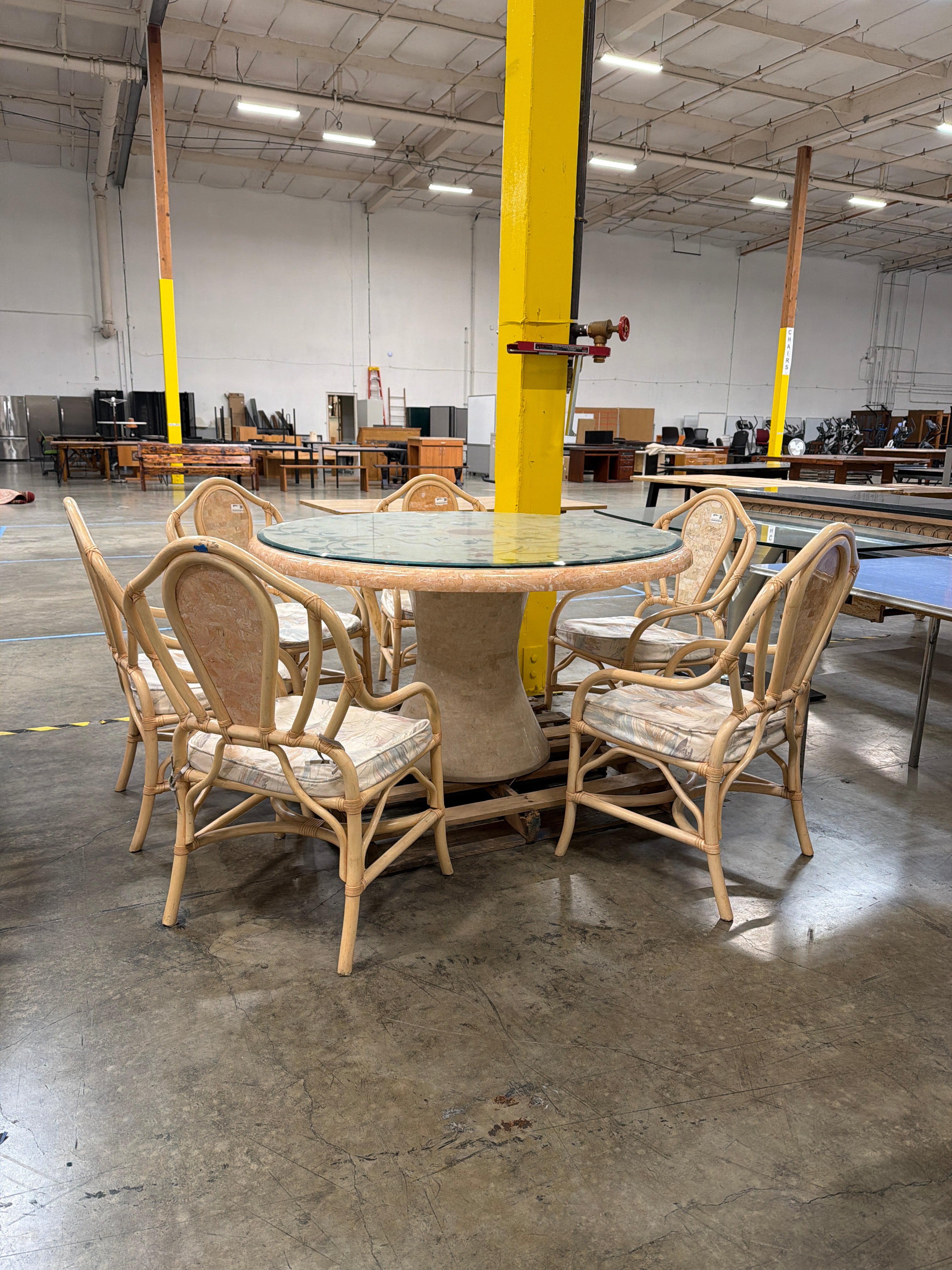 Rattan faux stone table and Set of Six Chairs