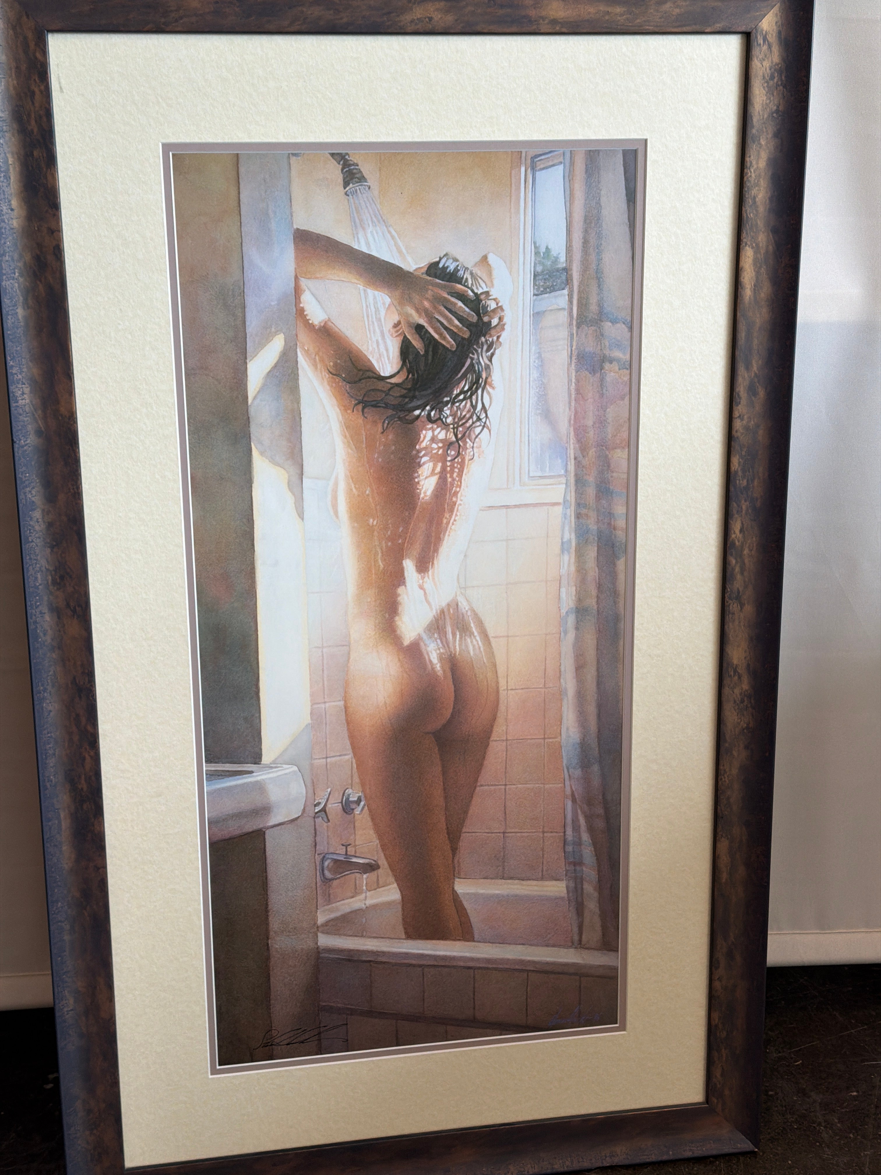 Steve Hanks Signed Figurative Shower Scene Framed Wall Art Print