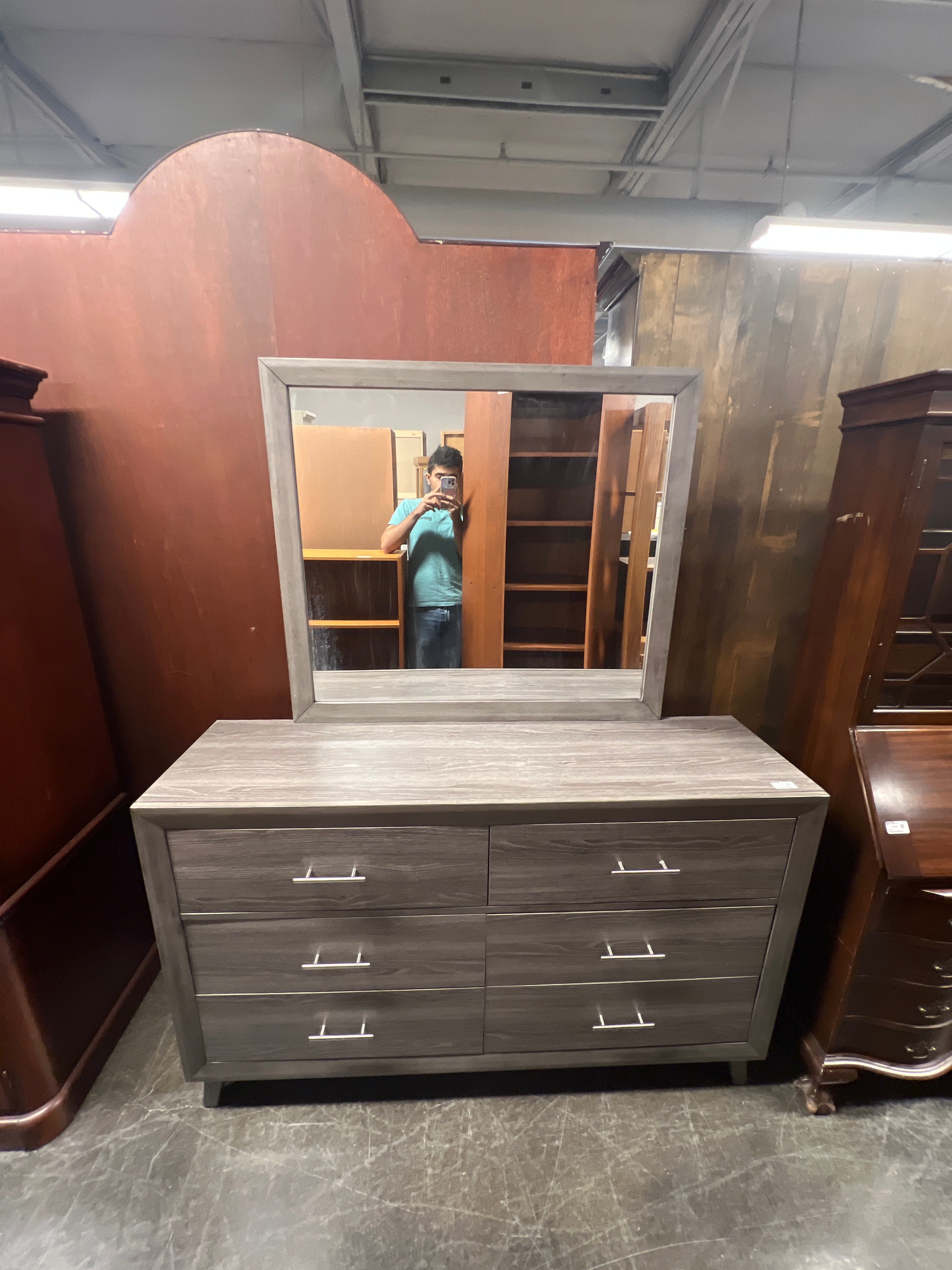 Mid-Century Modern Gray Dresser with Mirror