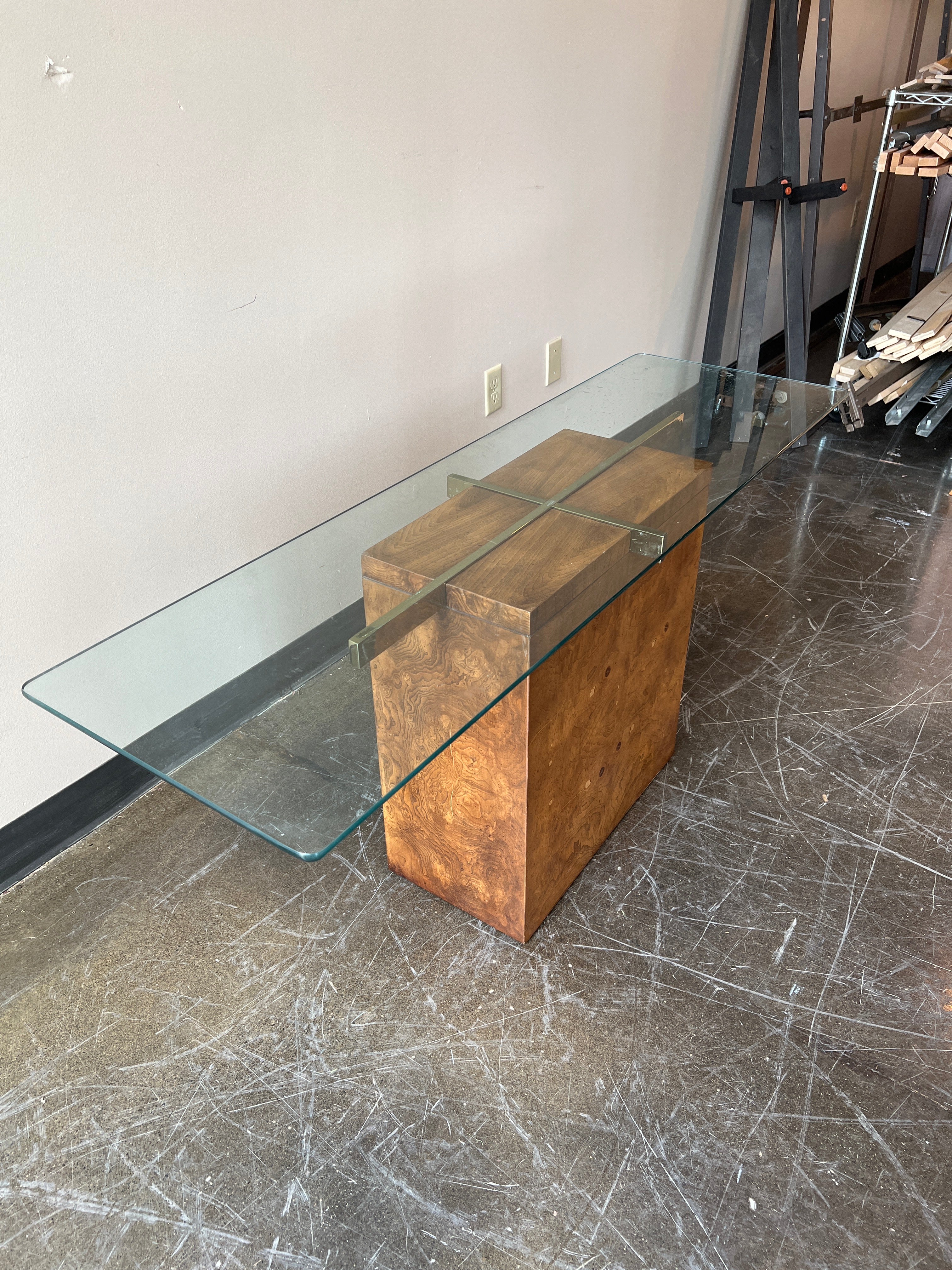 Lane MCM Walnut Console Table with Glass Top