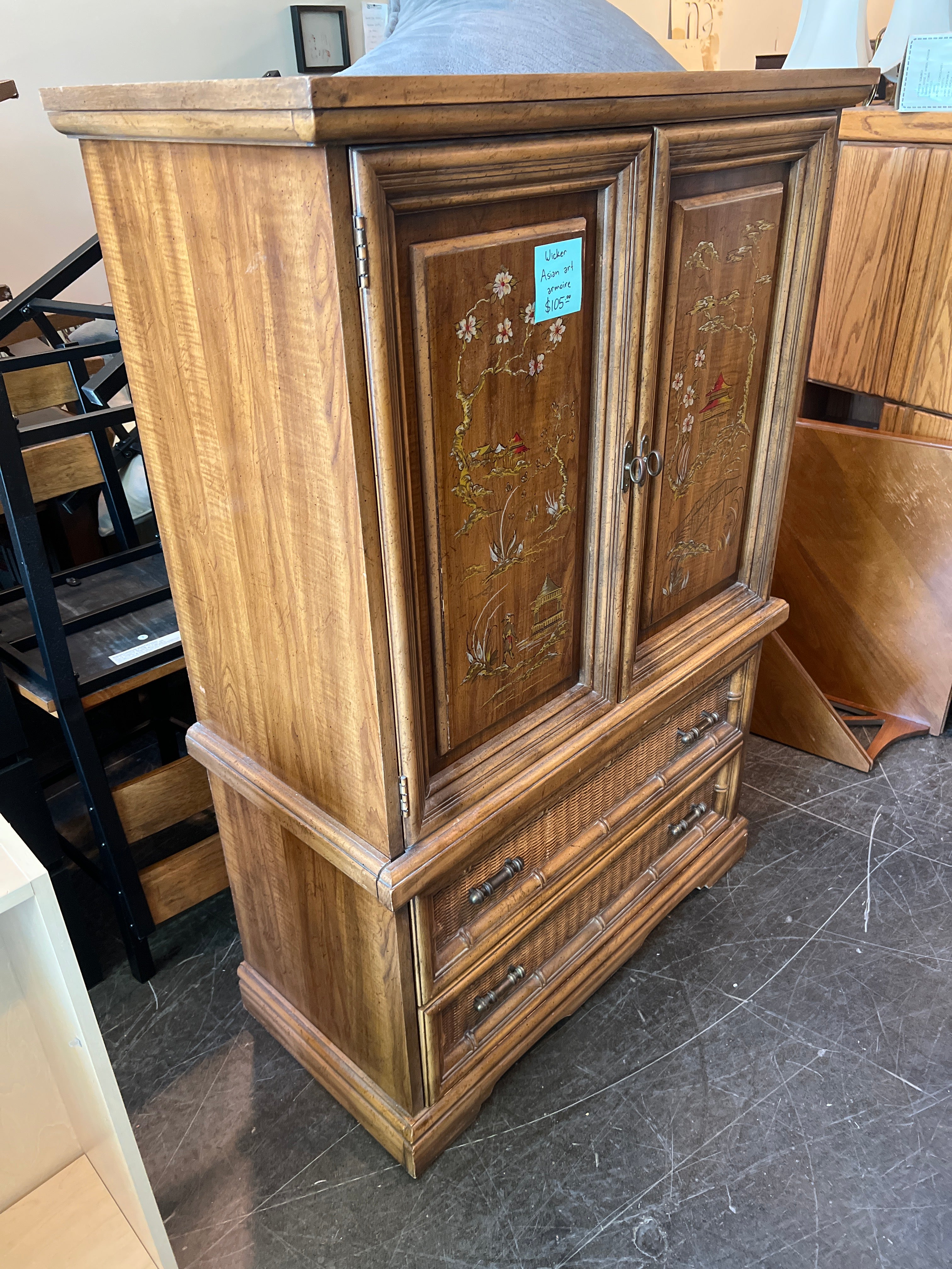 Vintage Bamboo Style Cabinet with Carved Panels