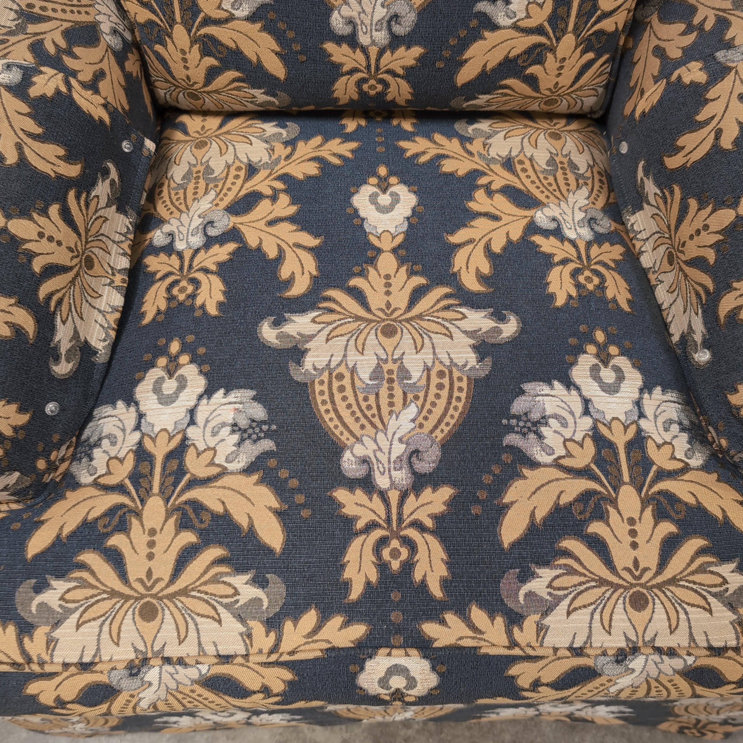 Traditional Damask Patterned Armchair in Navy and Gold