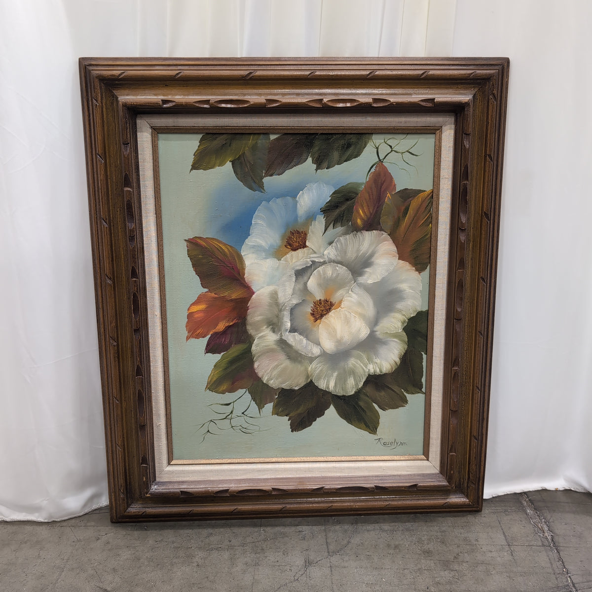 Roselynn White Floral Painting in Carved Wood Frame