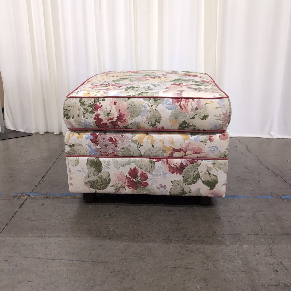 Square Floral Upholstered Ottoman with Red Piping