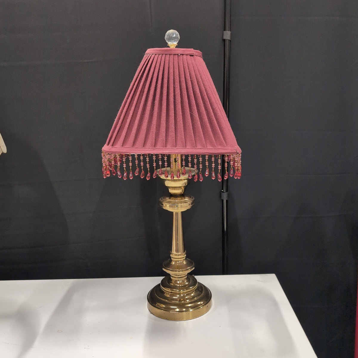 Ornate Brass Table Lamp with Pleated Burgundy Shade
