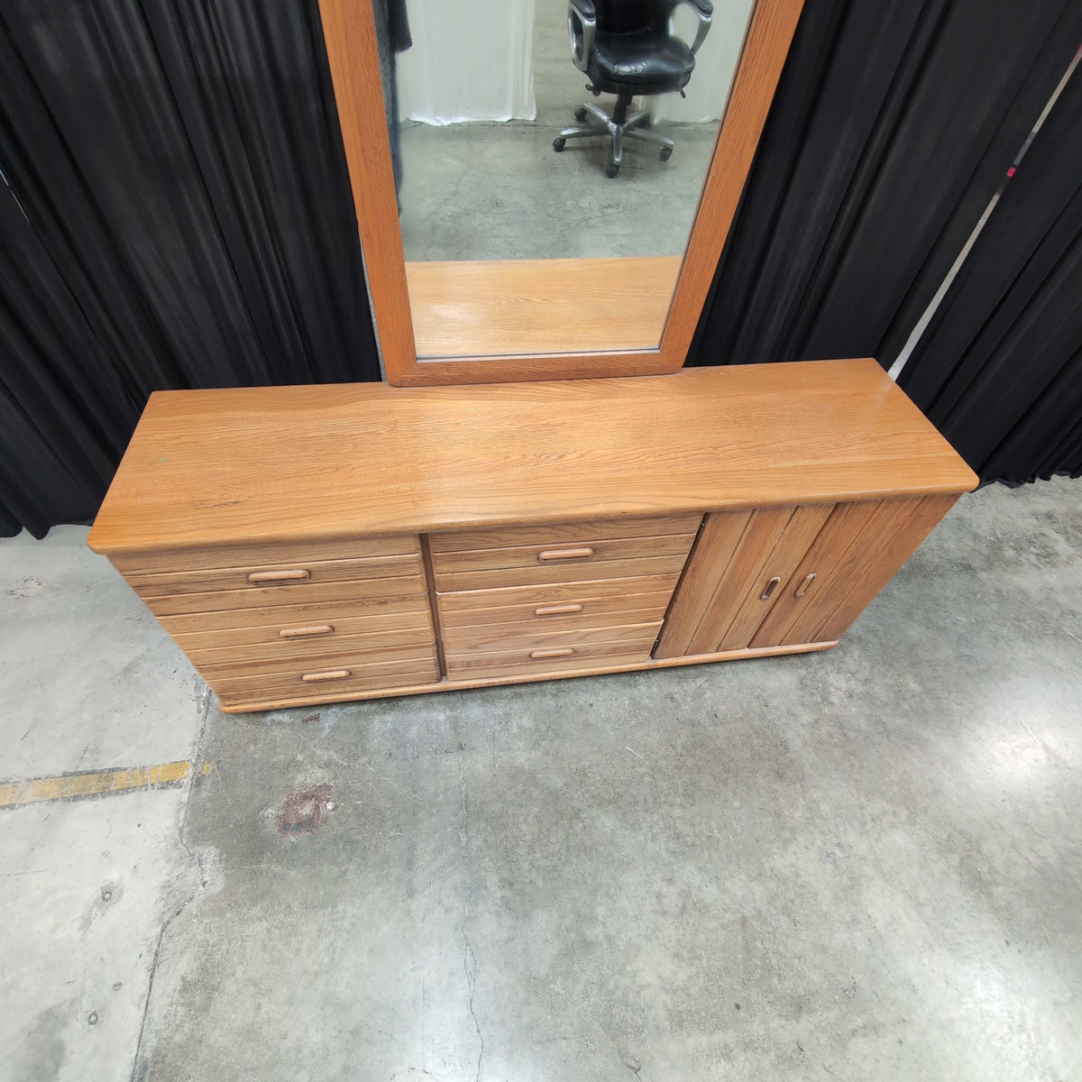 Mid-Century Style Light Wood Dresser with Cane Mirror
