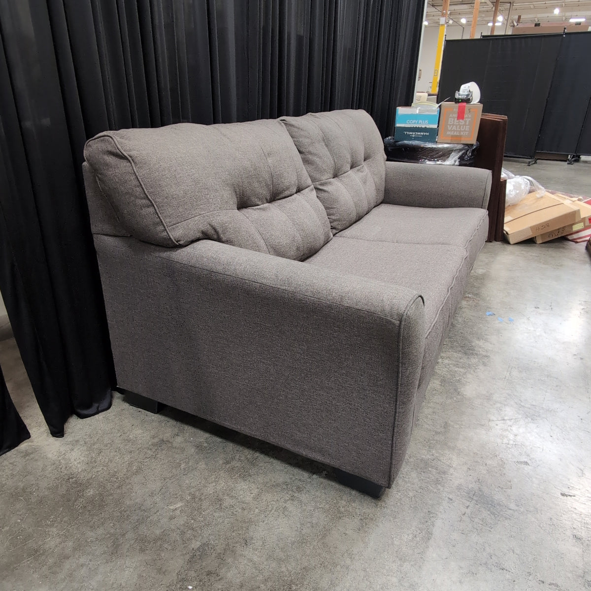 Grey Fabric Tufted Back Couch with Rolled Arms
