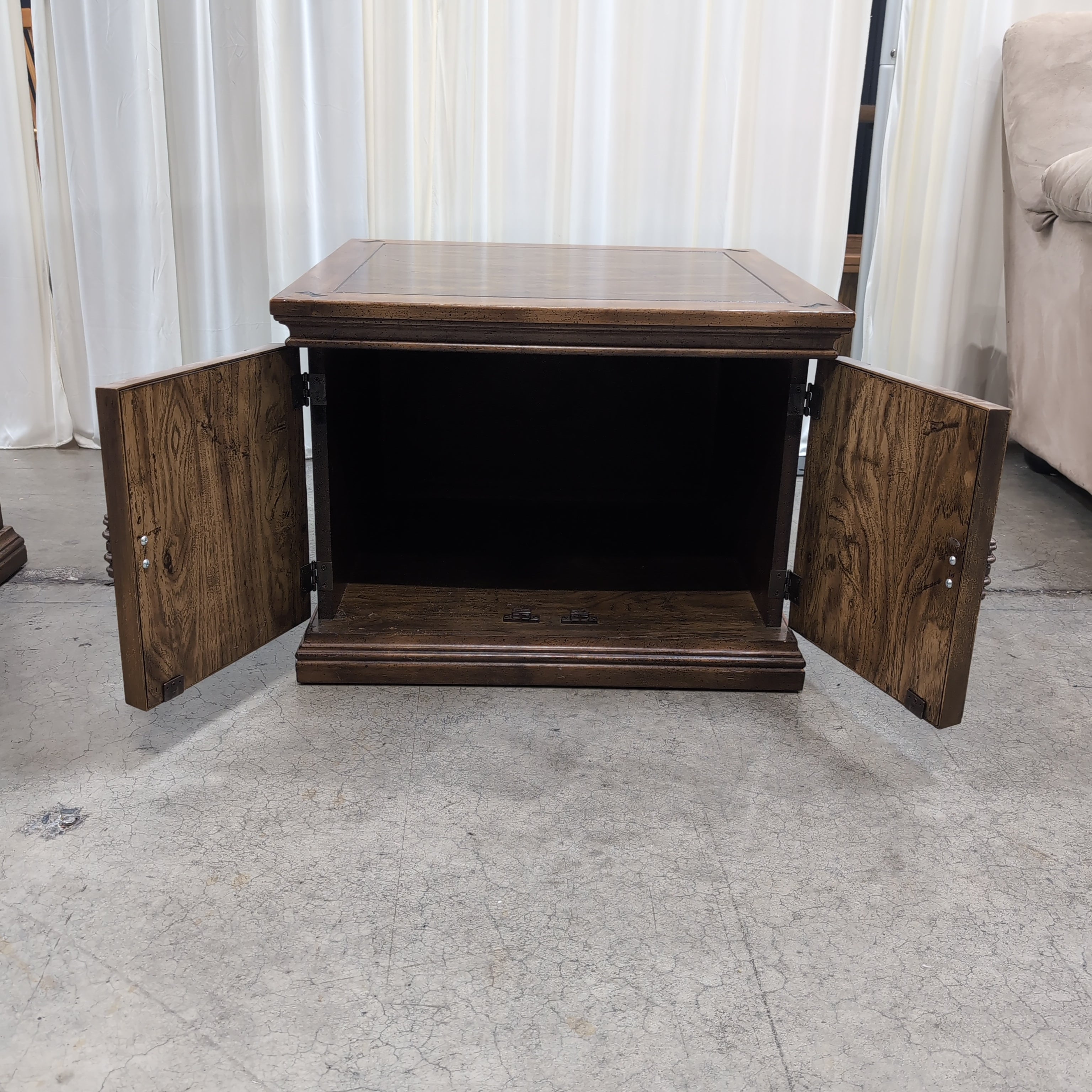 Vintage Carved Wood End Table with Cabinet Doors